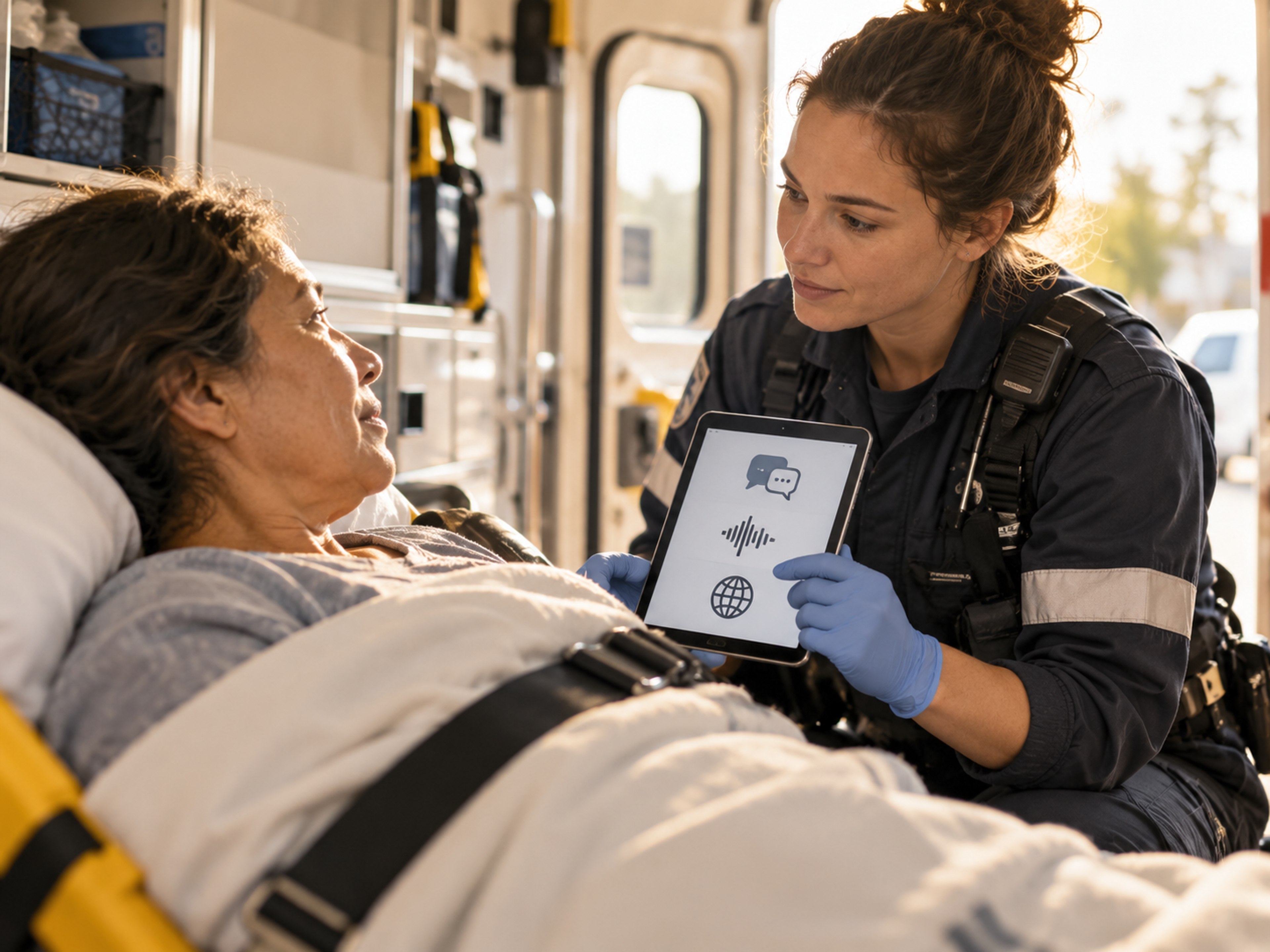 EMS language-access workflow covering 911 dispatch, on-scene assessment, treatment, transport, and ED handoff.
