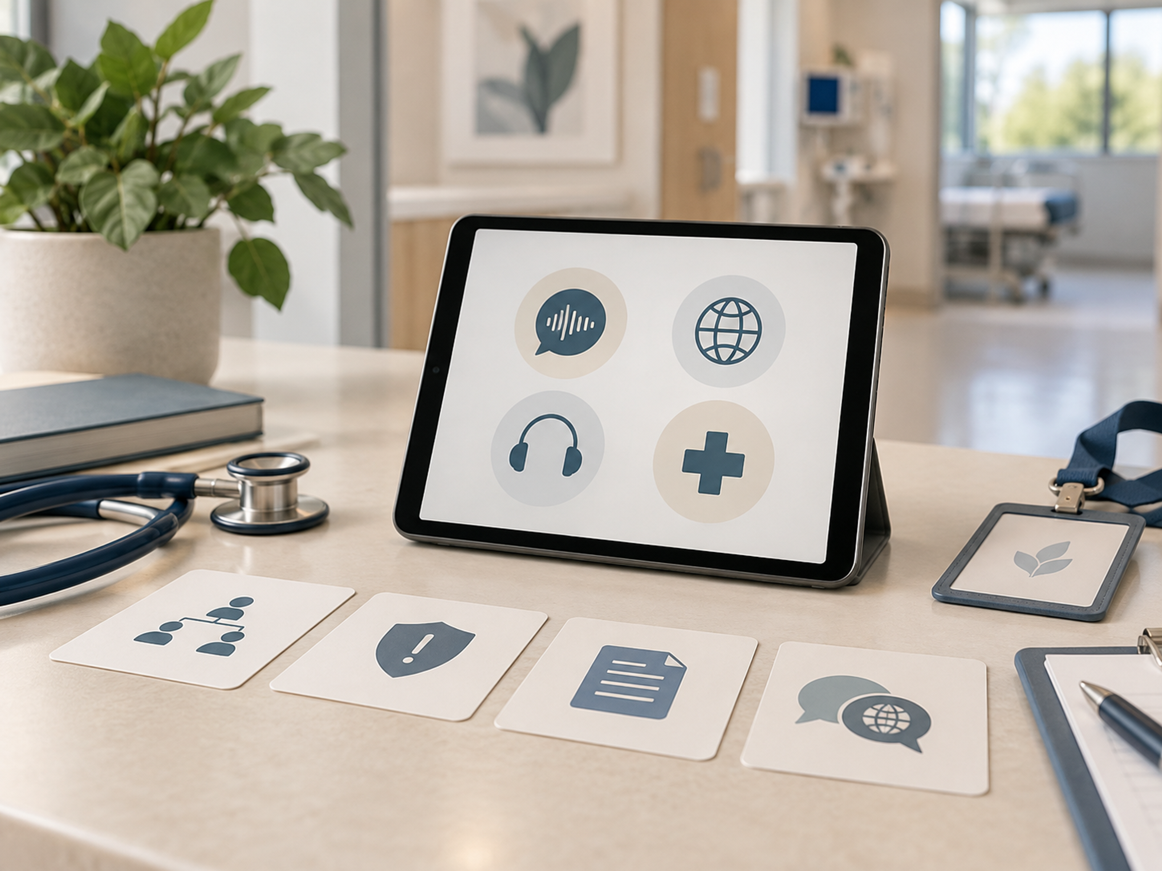 Hospital staff practicing AI medical interpreter training with role-based clinical scenarios and human support workflows.
