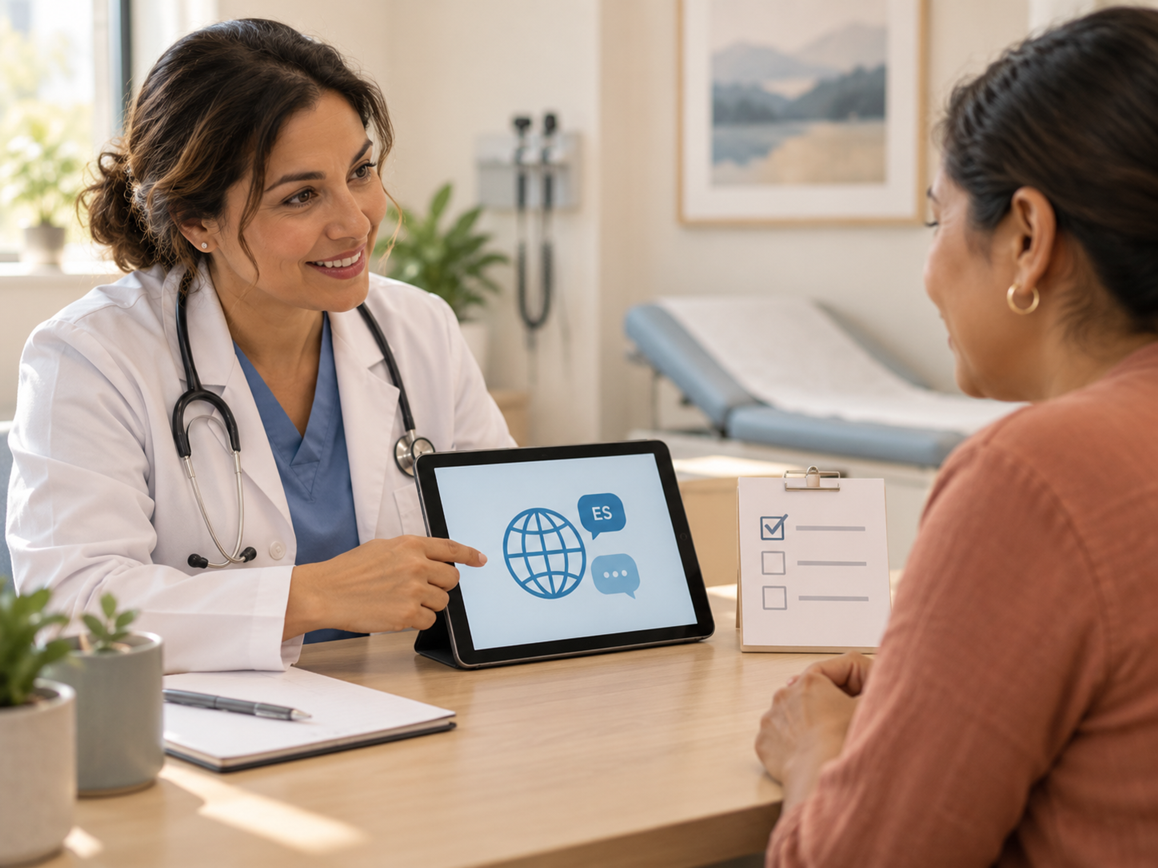 Healthcare team using a Spanish medical interpreter for real-time clinical communication with a Spanish-speaking patient.