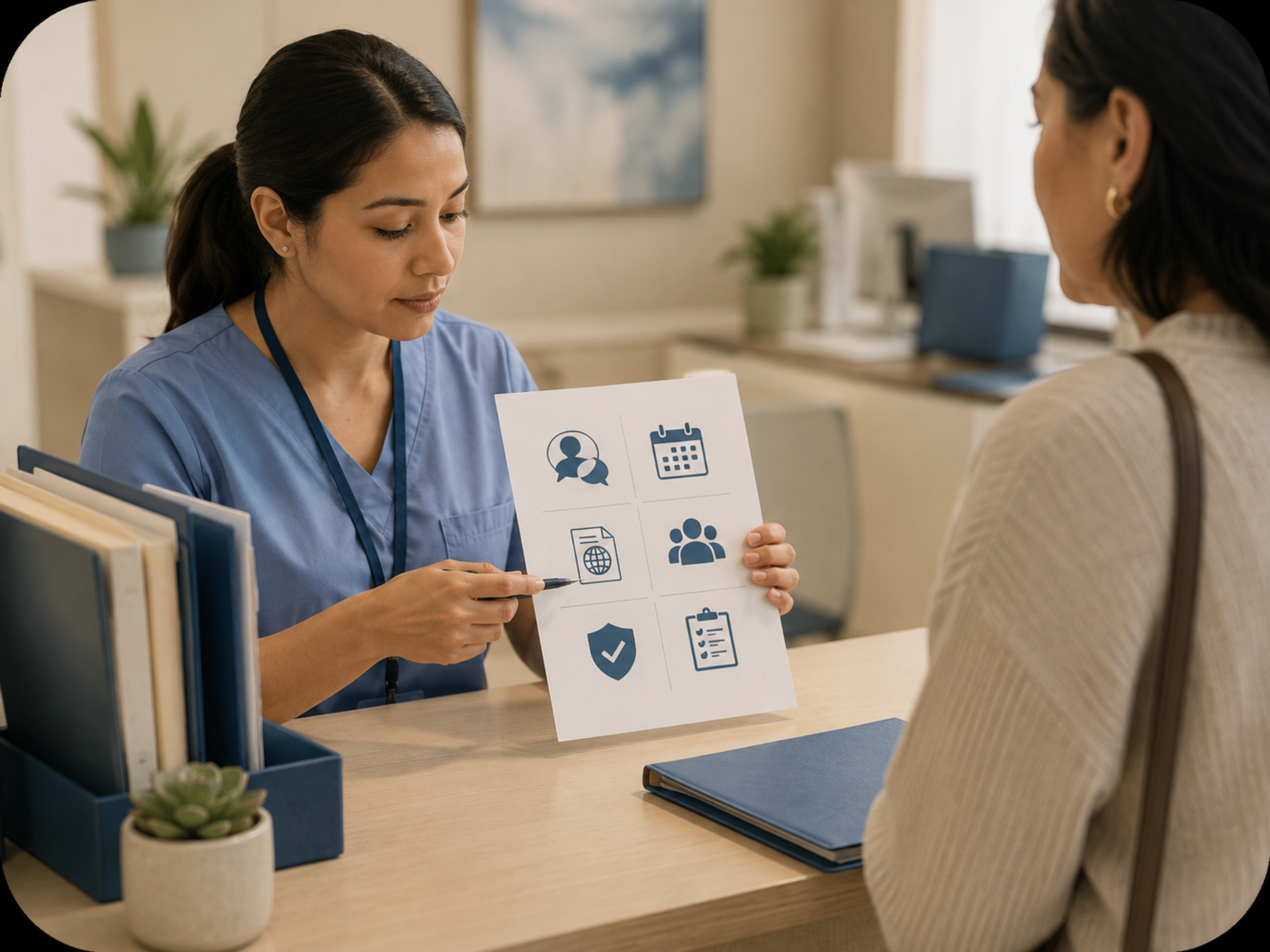 Hospital language-access documentation workflow showing preferred language, interpreter use, patient refusal, training records, translated materials, and compliance records.