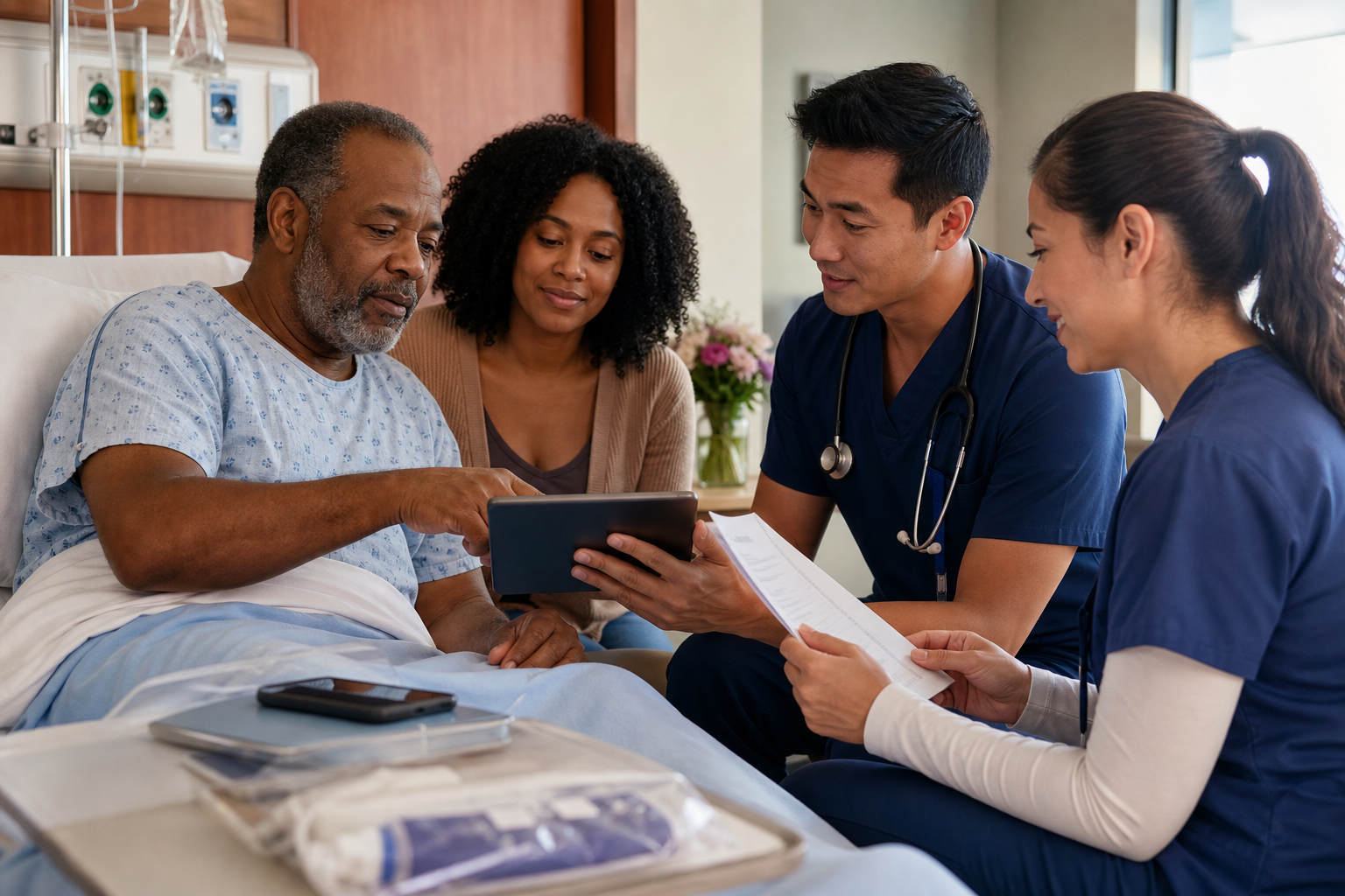 A healthcare provider using a tablet to communicate with a patient in a hospital room during discharge, a nurse reviewing a printed document with the patient, a family member present, warm clinical lighting, multiple layers of communication tools visible including a mobile device and printed materials, realistic medical setting, diverse group of people, no text or signage