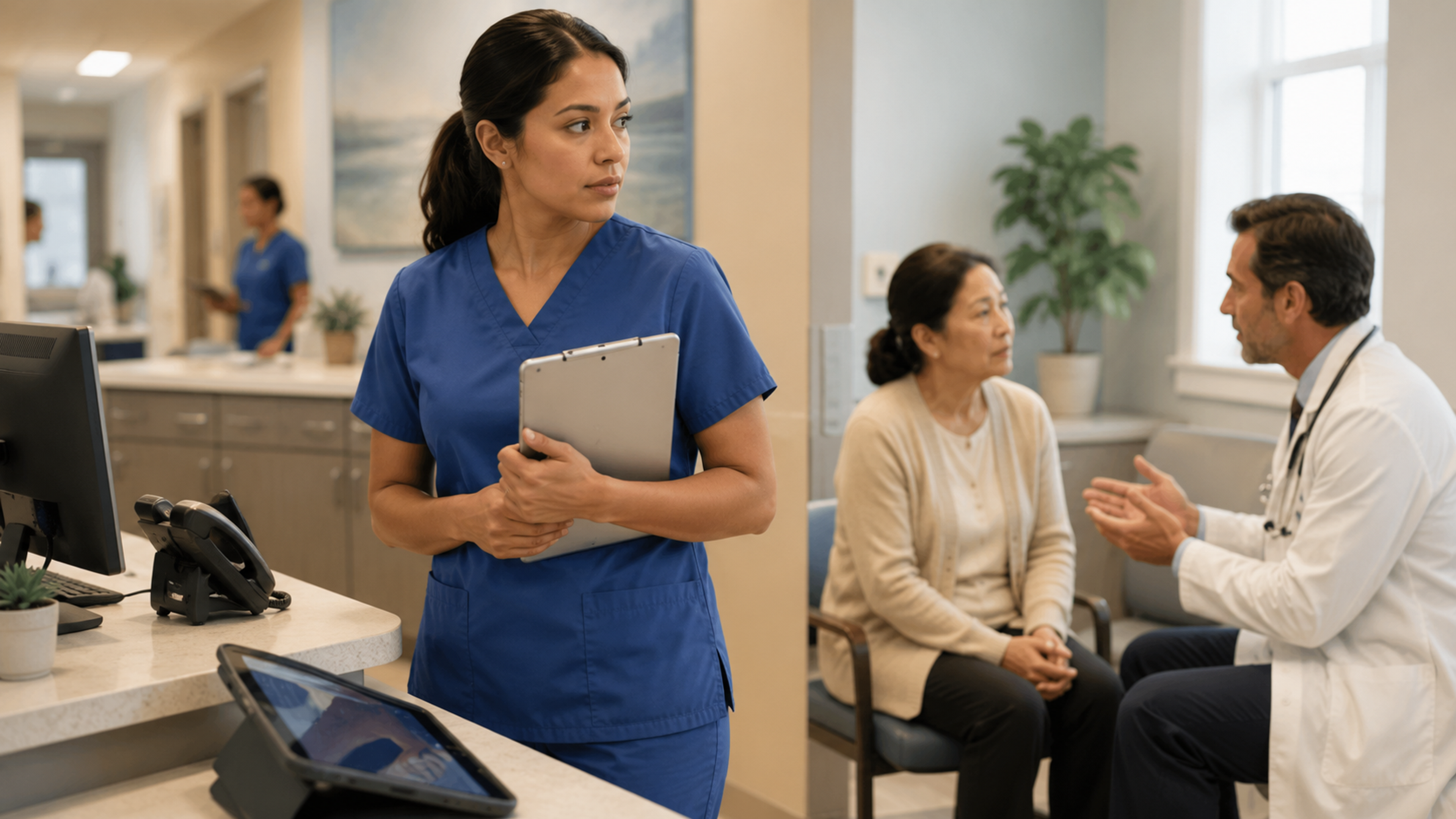 Healthcare workflow comparing language-concordant bilingual staff, qualified staff interpreters, and ad hoc bilingual employee interpretation.
