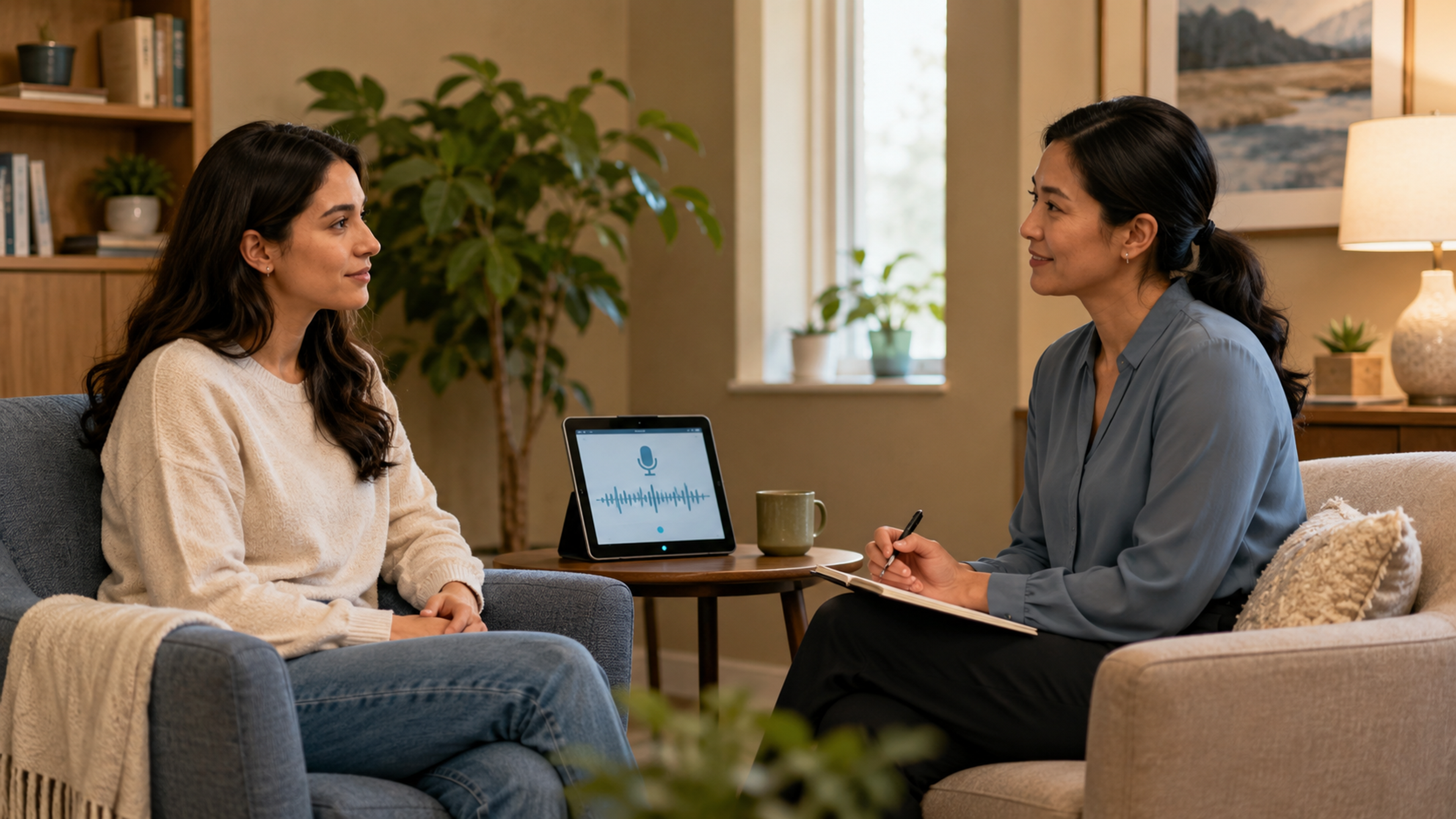 Behavioral health language-access workflow showing interpretation of symptoms, tone, thought content, therapy, trauma, and treatment planning.