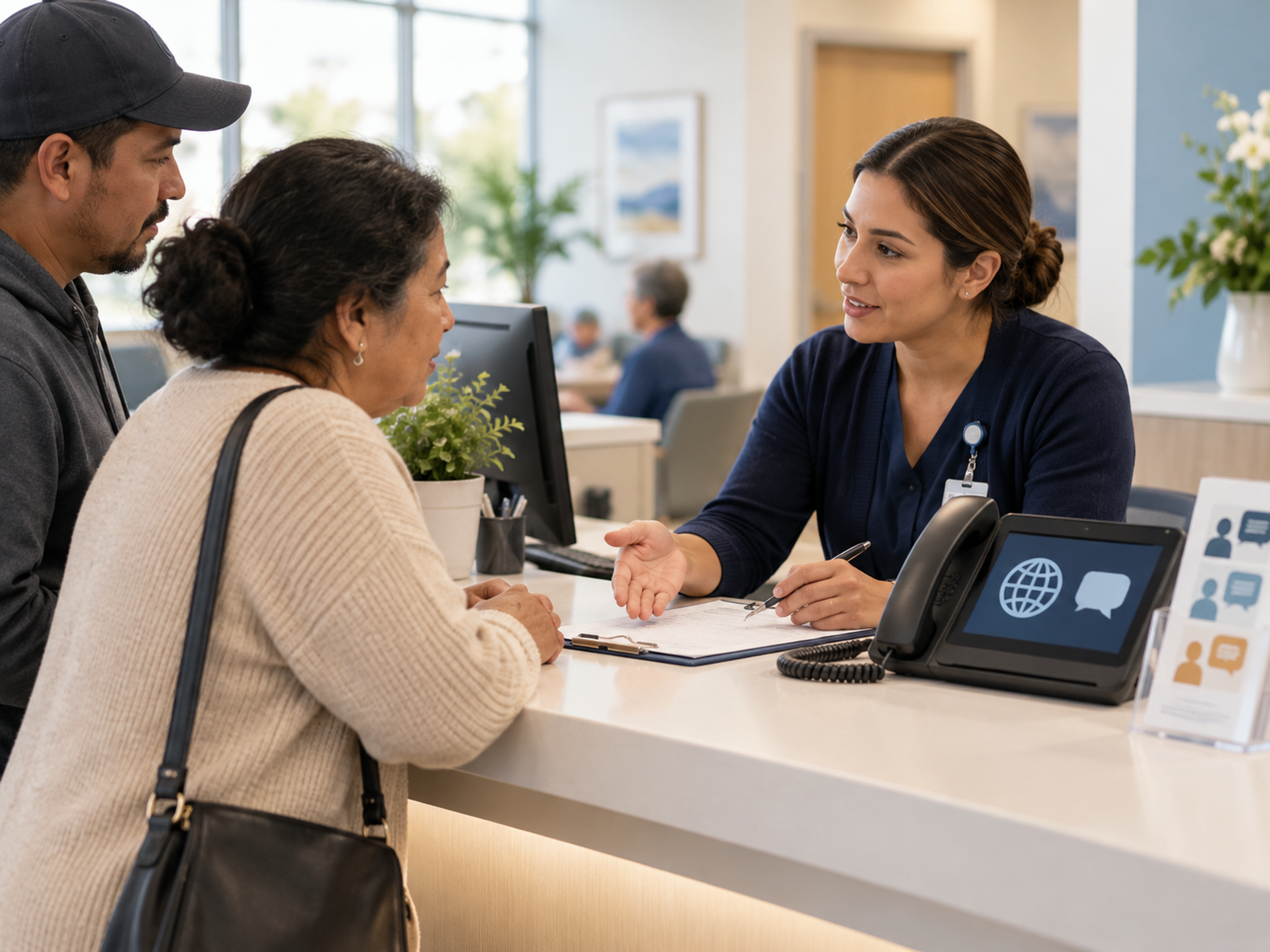 Healthcare scheduling and registration workflow carrying preferred language and interpreter needs from the first patient call through clinical handoff.