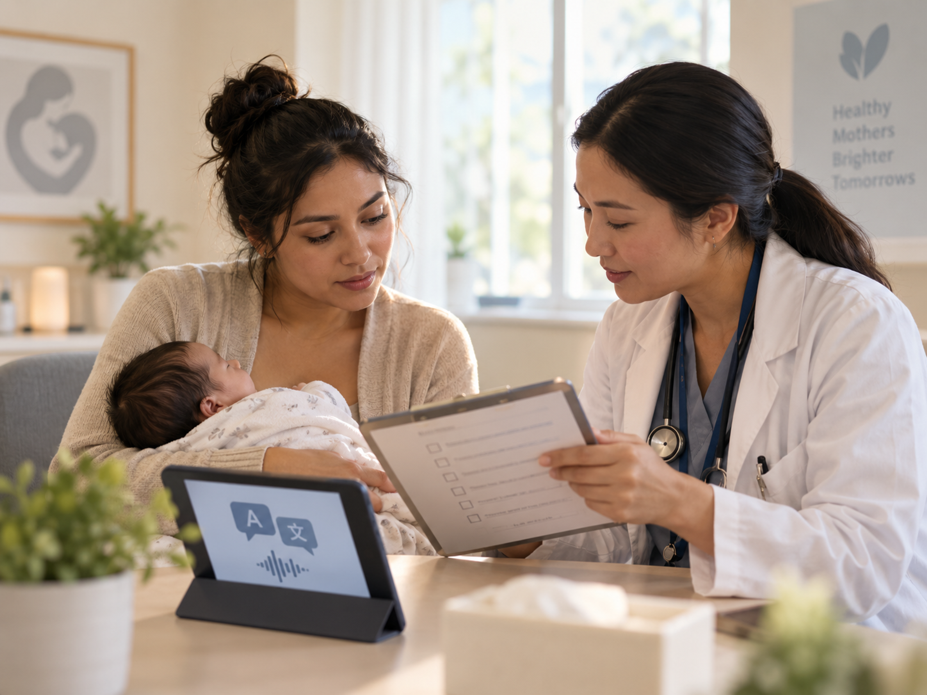 Clinician discussing postpartum depression screening with a new parent using language support