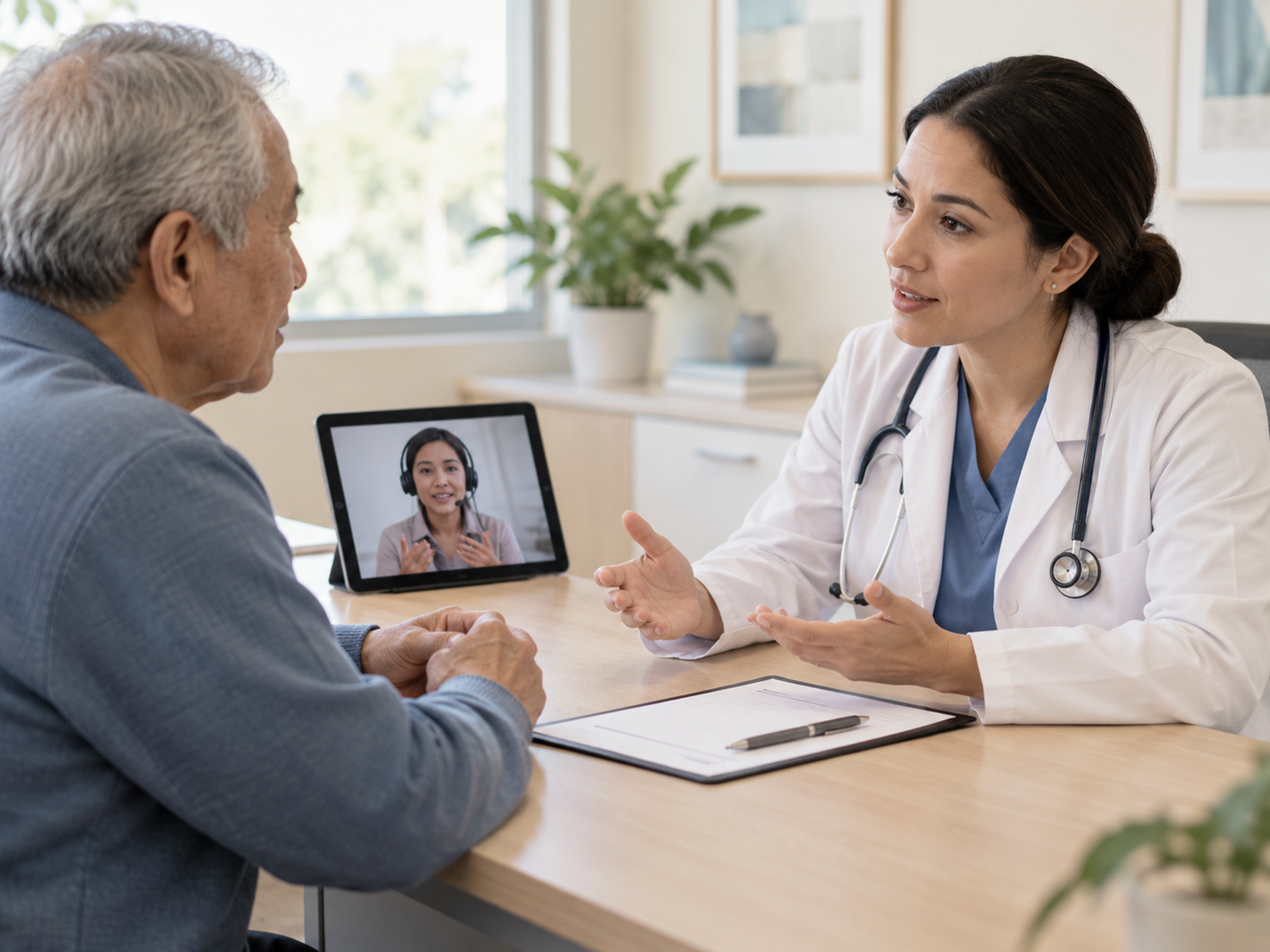 Informed-consent workflow for patients with limited English proficiency covering interpretation, risks, alternatives, questions, teach-back, and documentation.