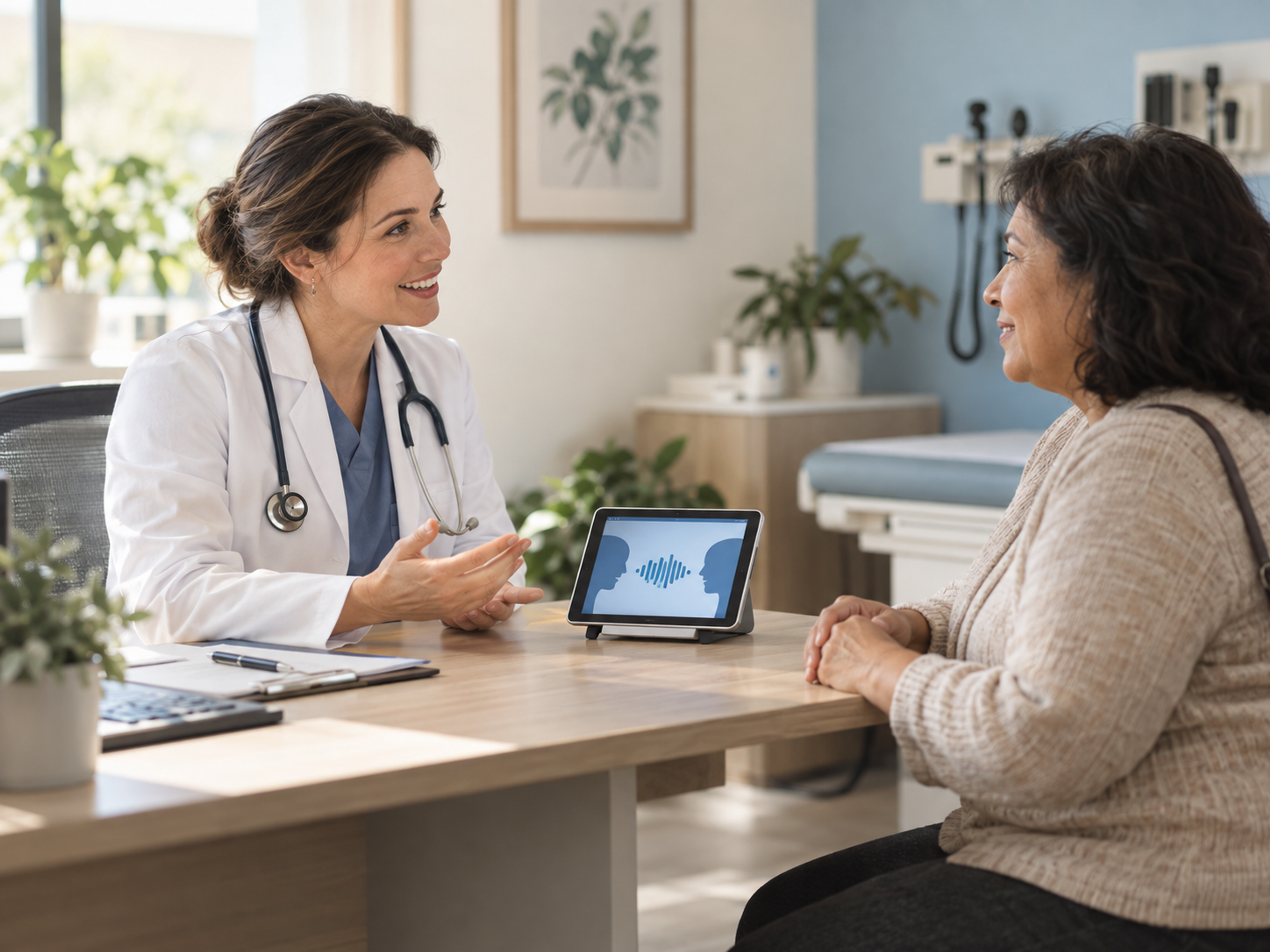 Primary care clinician using AI medical interpretation during a multilingual patient visit