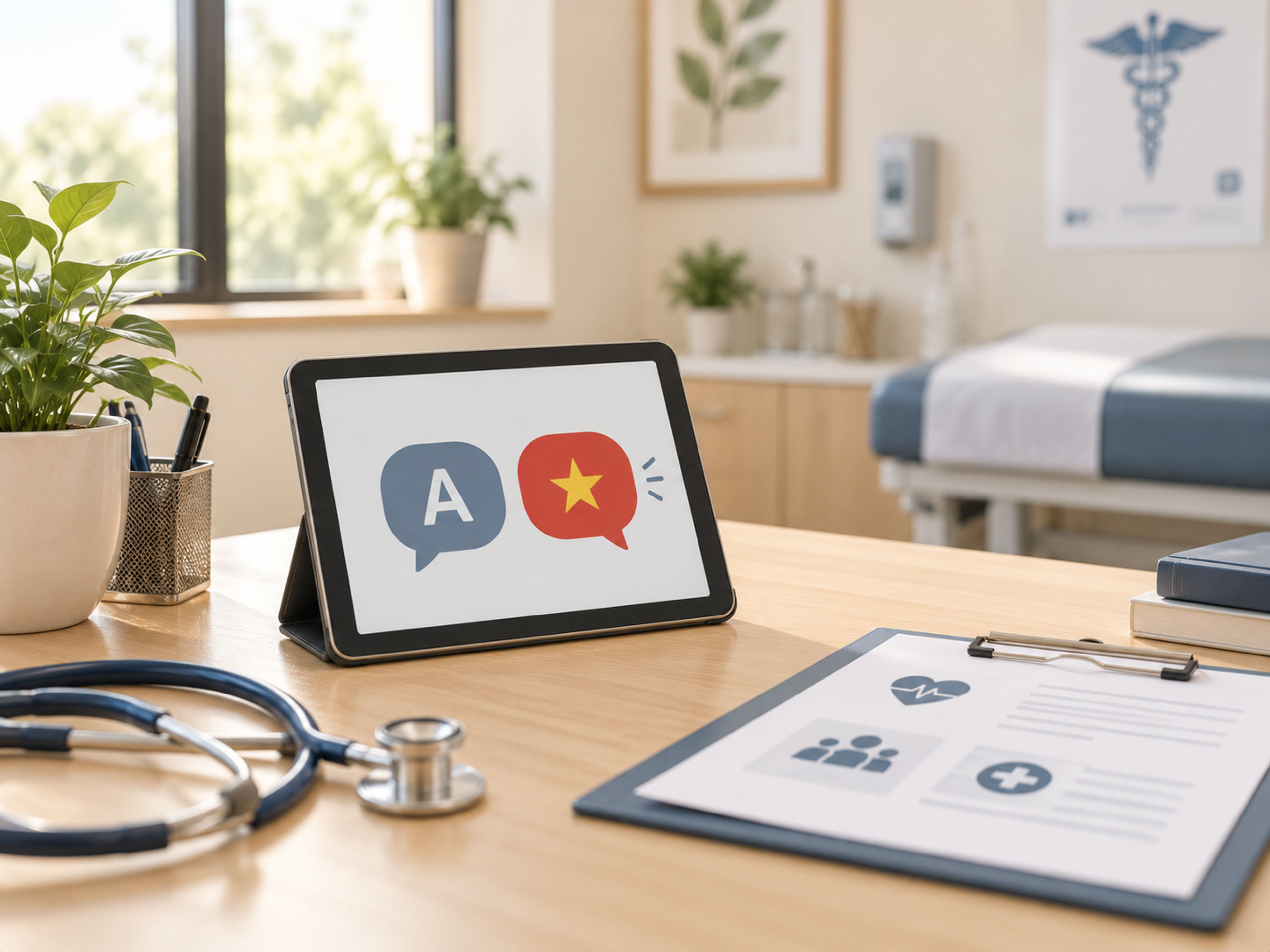 Clinician and Vietnamese-speaking patient using medical interpretation during a healthcare visit.