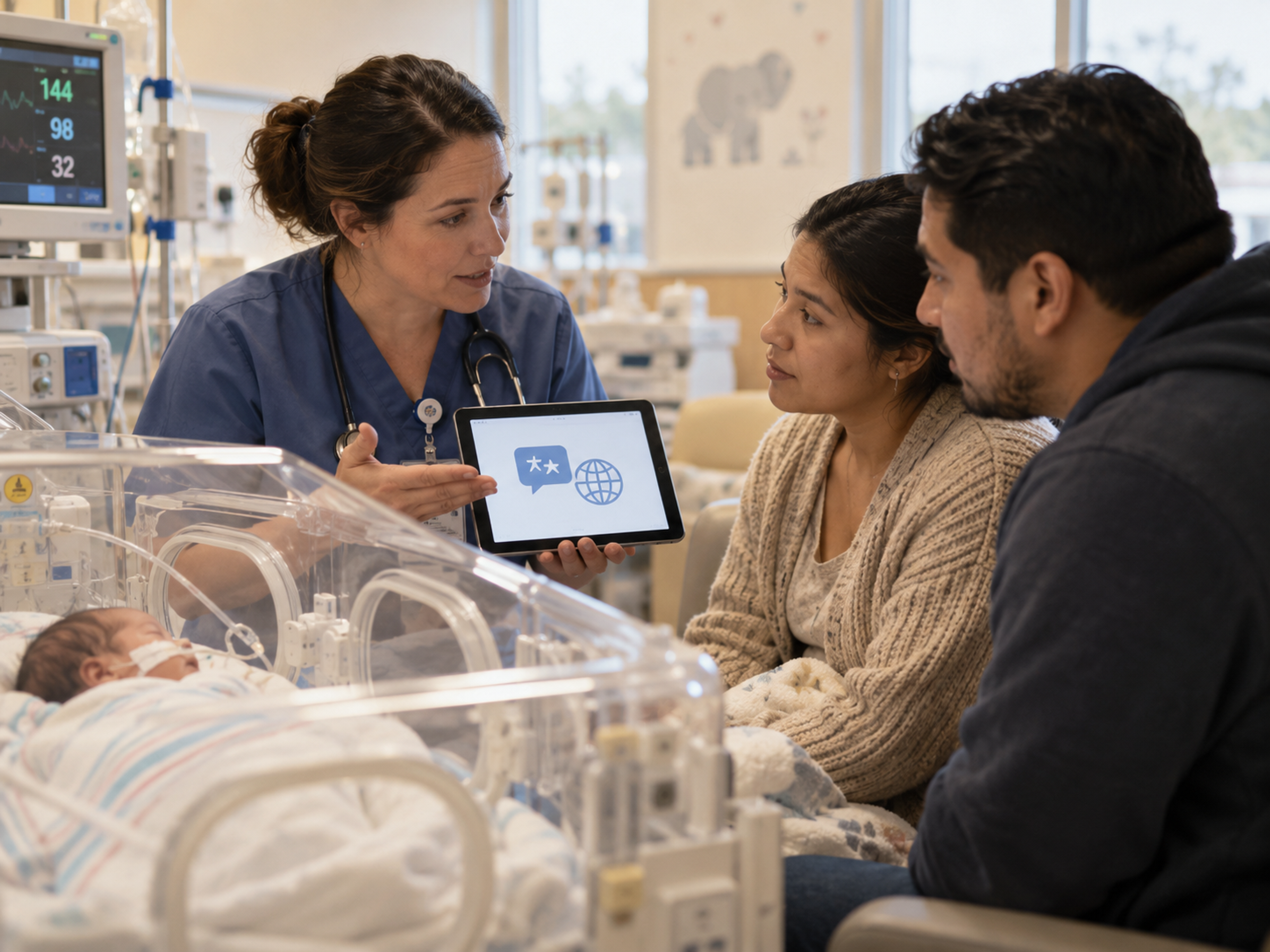 NICU clinician using language support while speaking with an infant’s parents