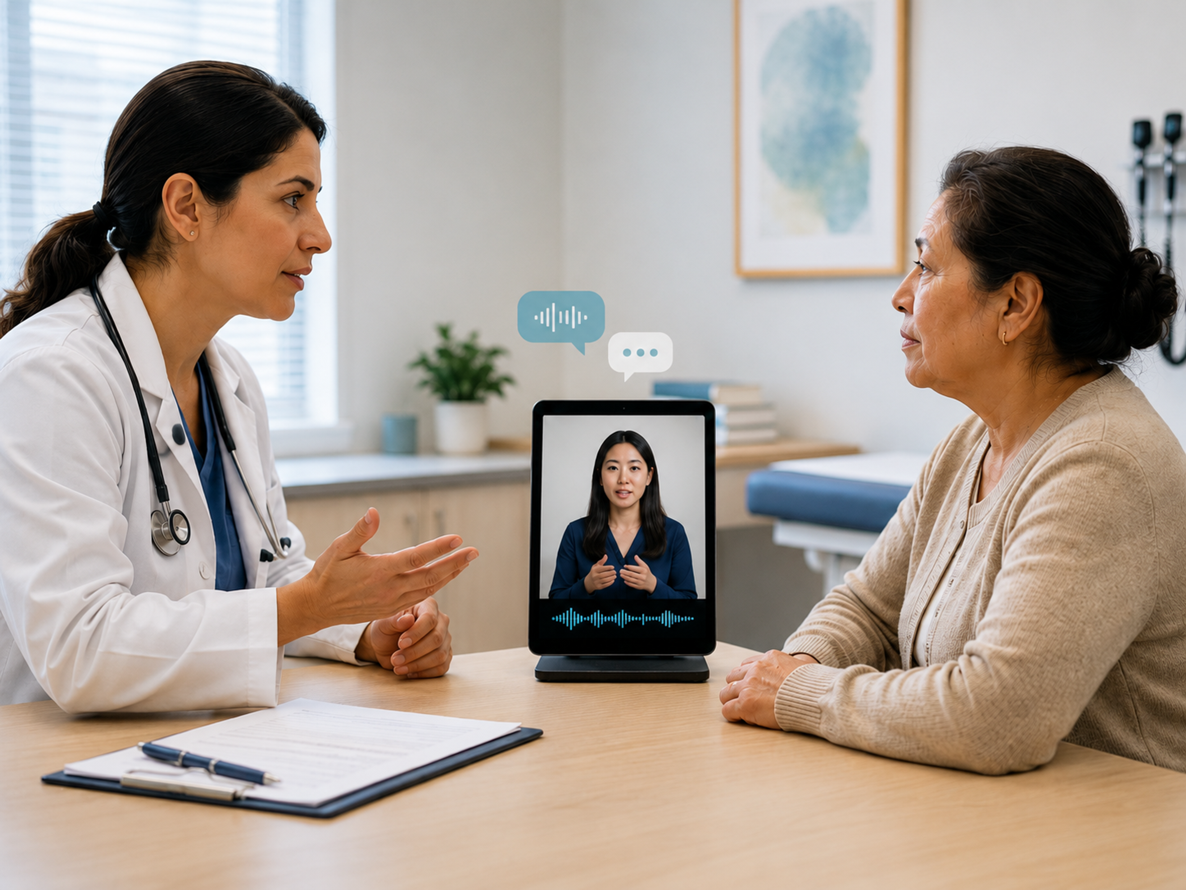 Healthcare provider using medical interpreter services with a patient during a clinical visit.