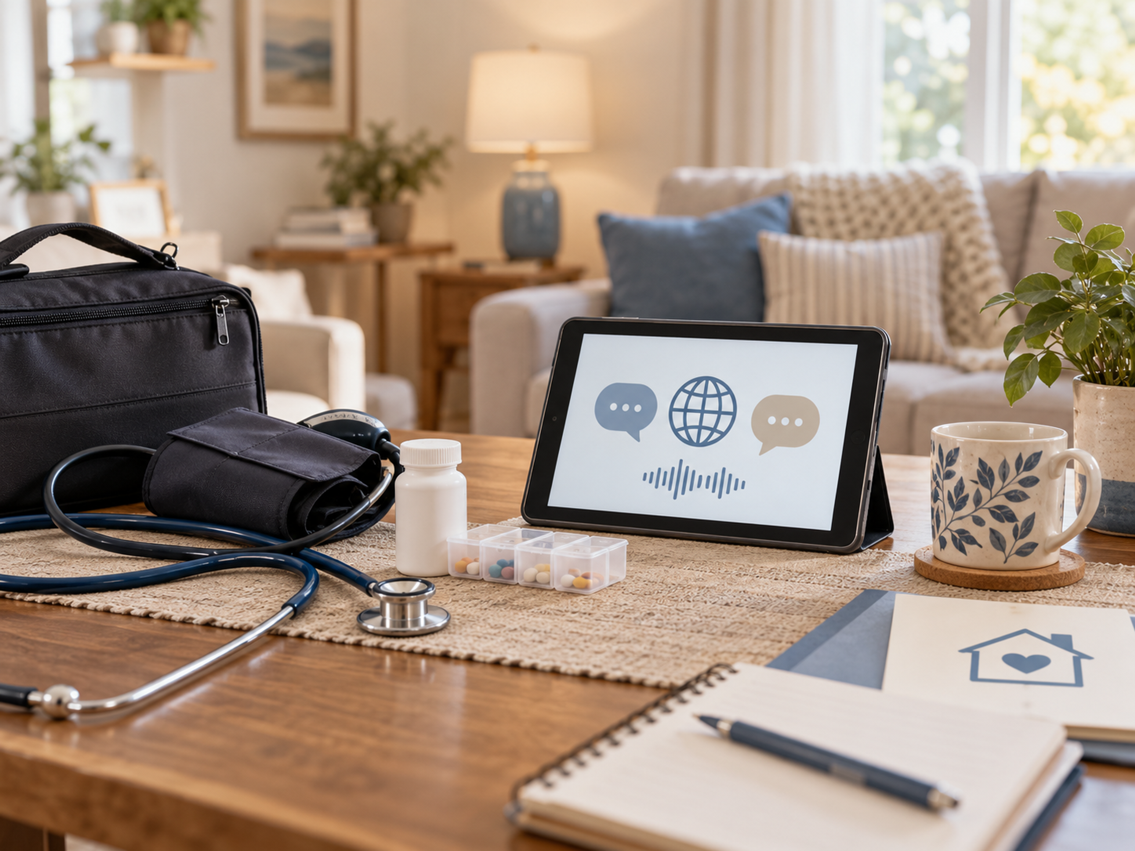 Home health clinician using multilingual language access during a patient visit