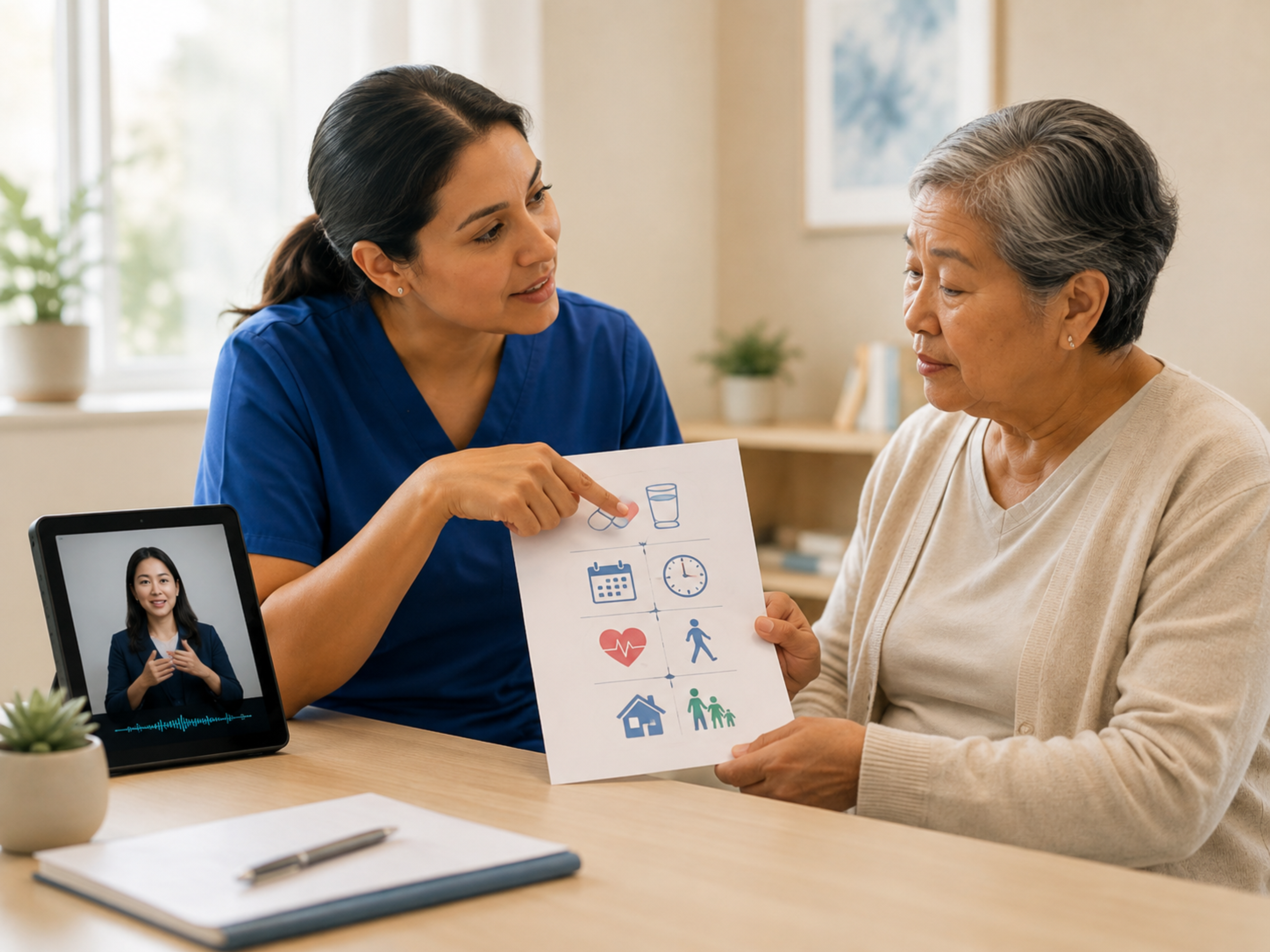 Health-equity language-access framework showing communication gaps, interpretation, discharge, follow-up, and measurement by preferred language.