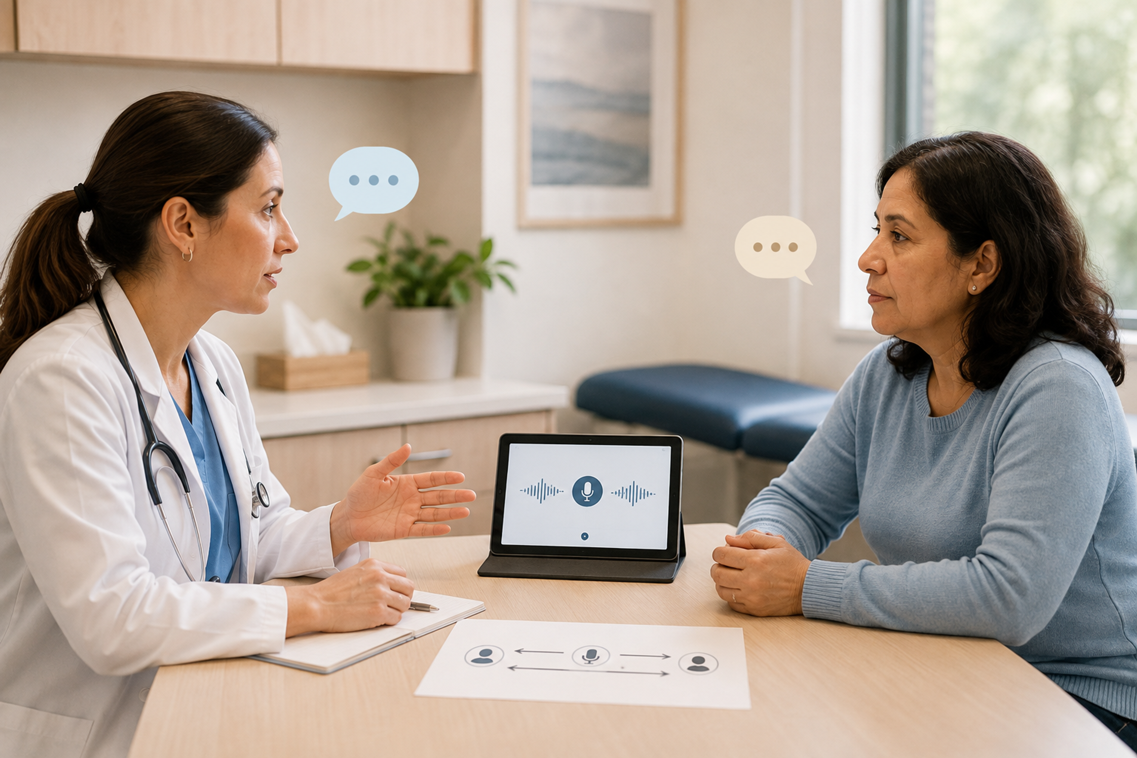 Healthcare consecutive interpretation workflow showing clinician speech, patient response, turn-taking, AI interpretation, and clarification.
