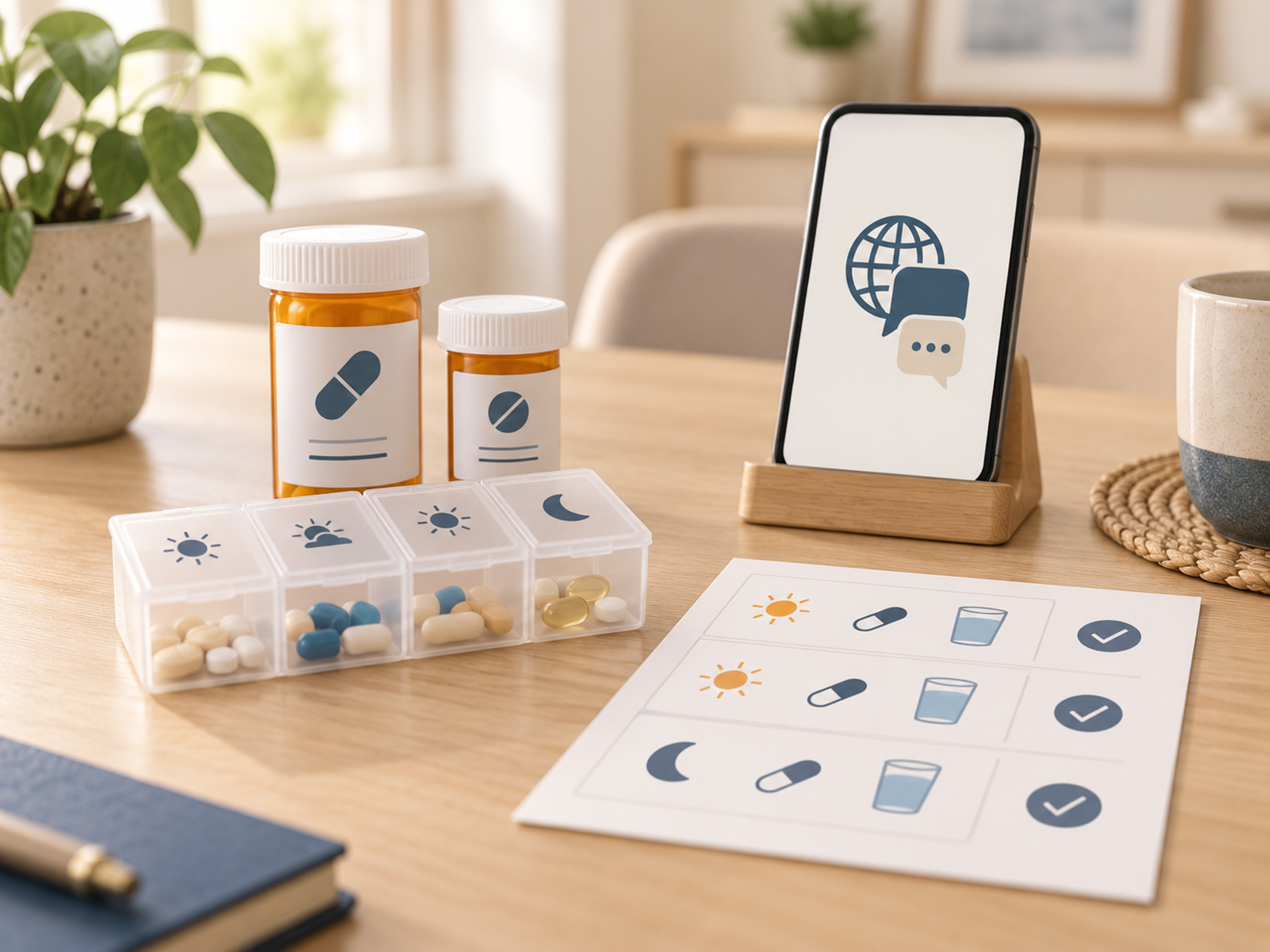 Clinician reviewing home medication containers with a patient using language support