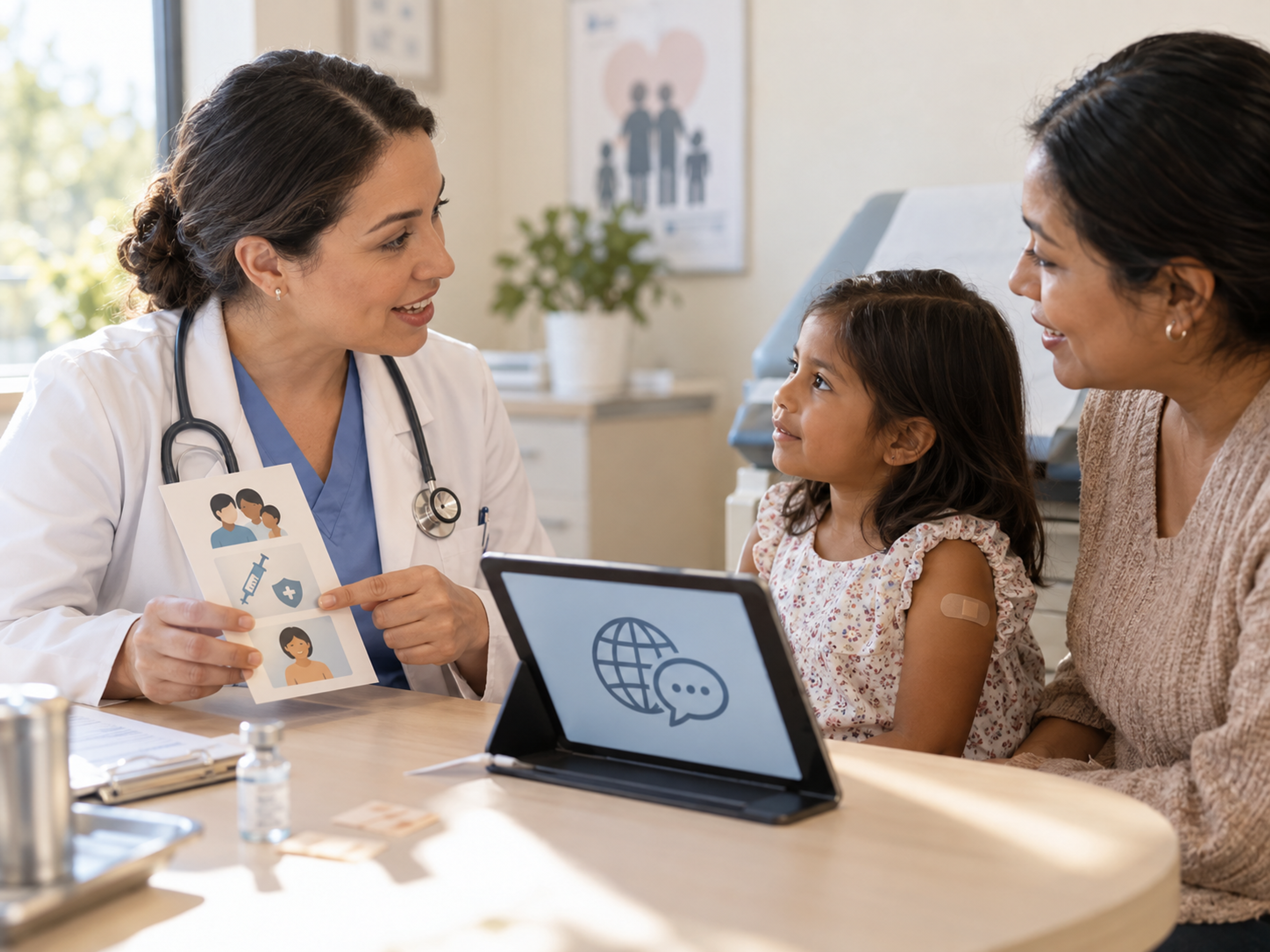 Vaccine counseling workflow for patients with limited English proficiency covering recommendation, questions, side effects, screening, dose timing, and follow-up.