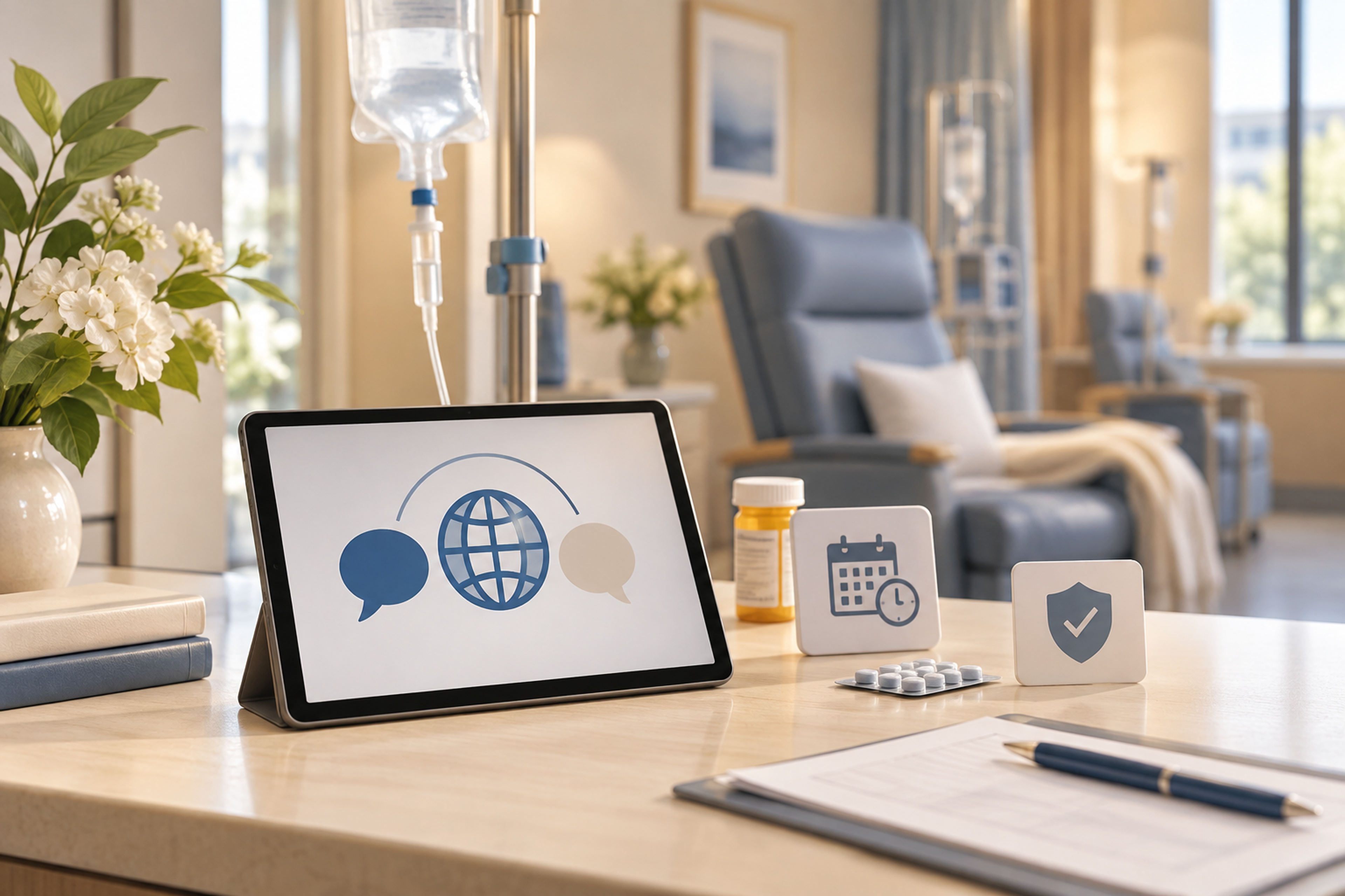 Oncology language-access workflow covering diagnosis, treatment decisions, chemotherapy teaching, symptom reporting, clinical trials, and follow-up.