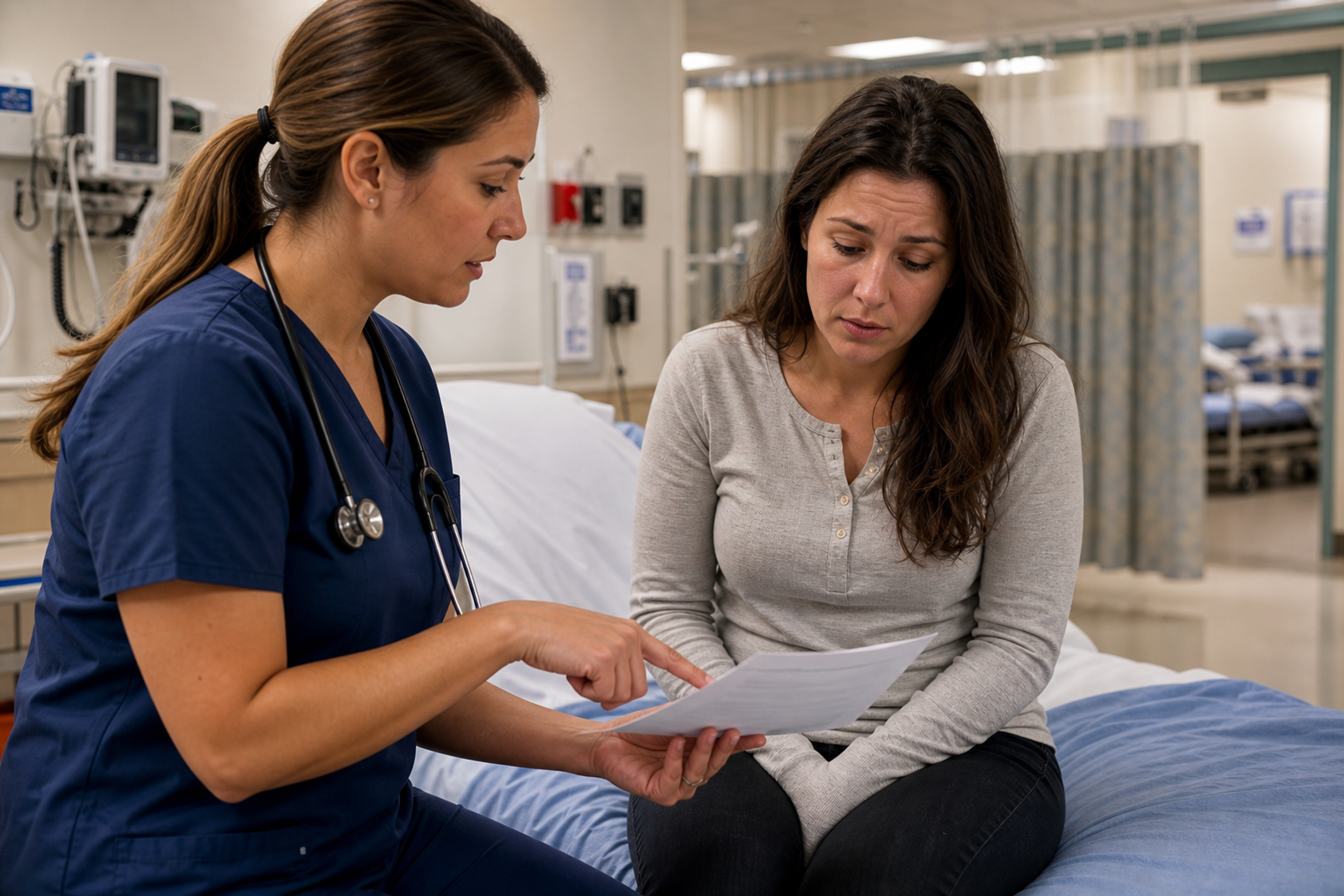 A healthcare provider in a hospital emergency department handing discharge paperwork to a patient sitting on a hospital bed, the provider pointing to a document while the patient looks uncertain, warm clinical lighting, realistic medical setting with curtained bay in background, no text or signage visible
