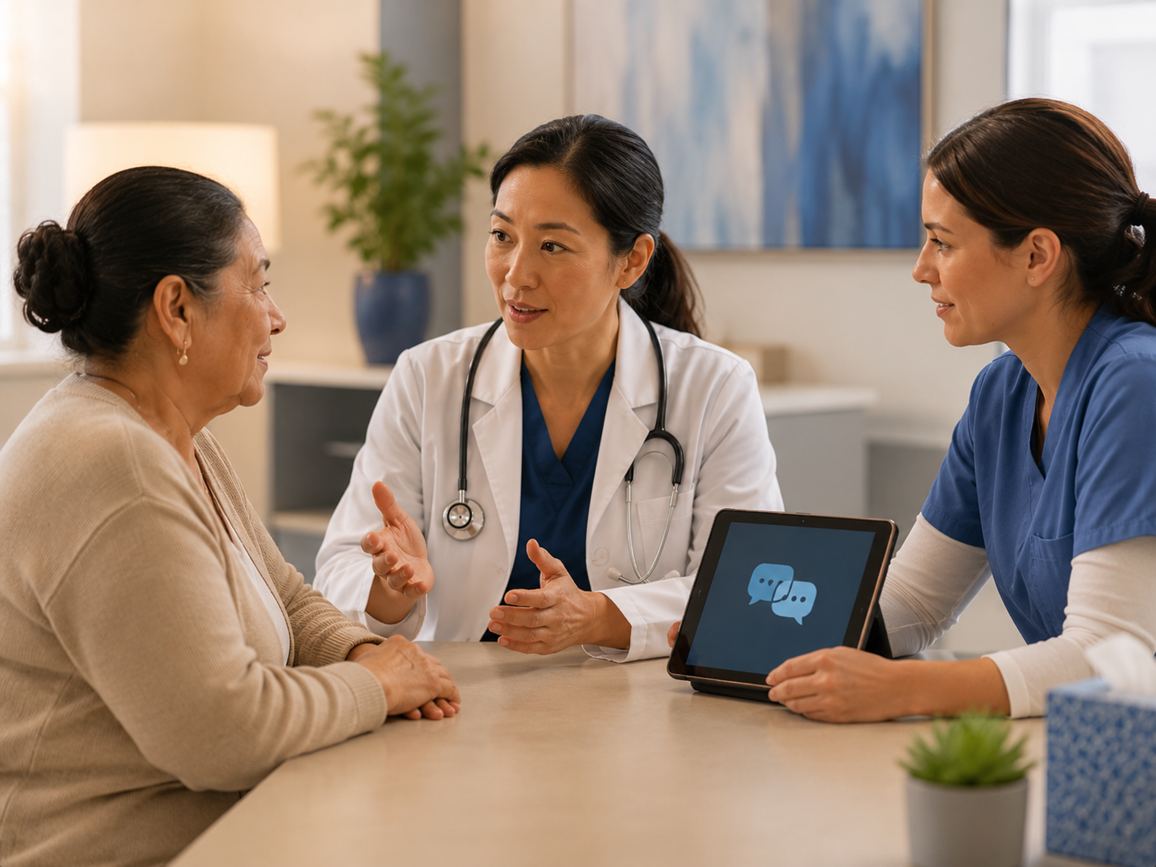 LEP language-access best-practice workflow showing language identification, interpretation, patient participation, teach-back, written materials, handoffs, and measurement.