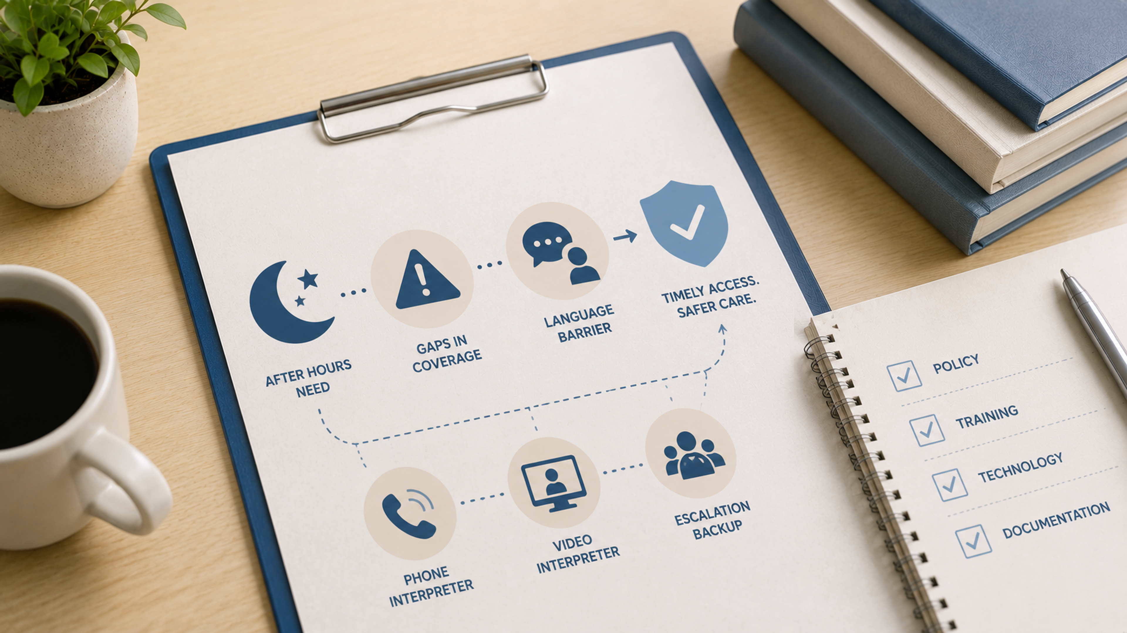 Hospital after-hours language-access workflow showing overnight interpreter availability, routing, rare-language coverage, fallback options, and shift handoff.