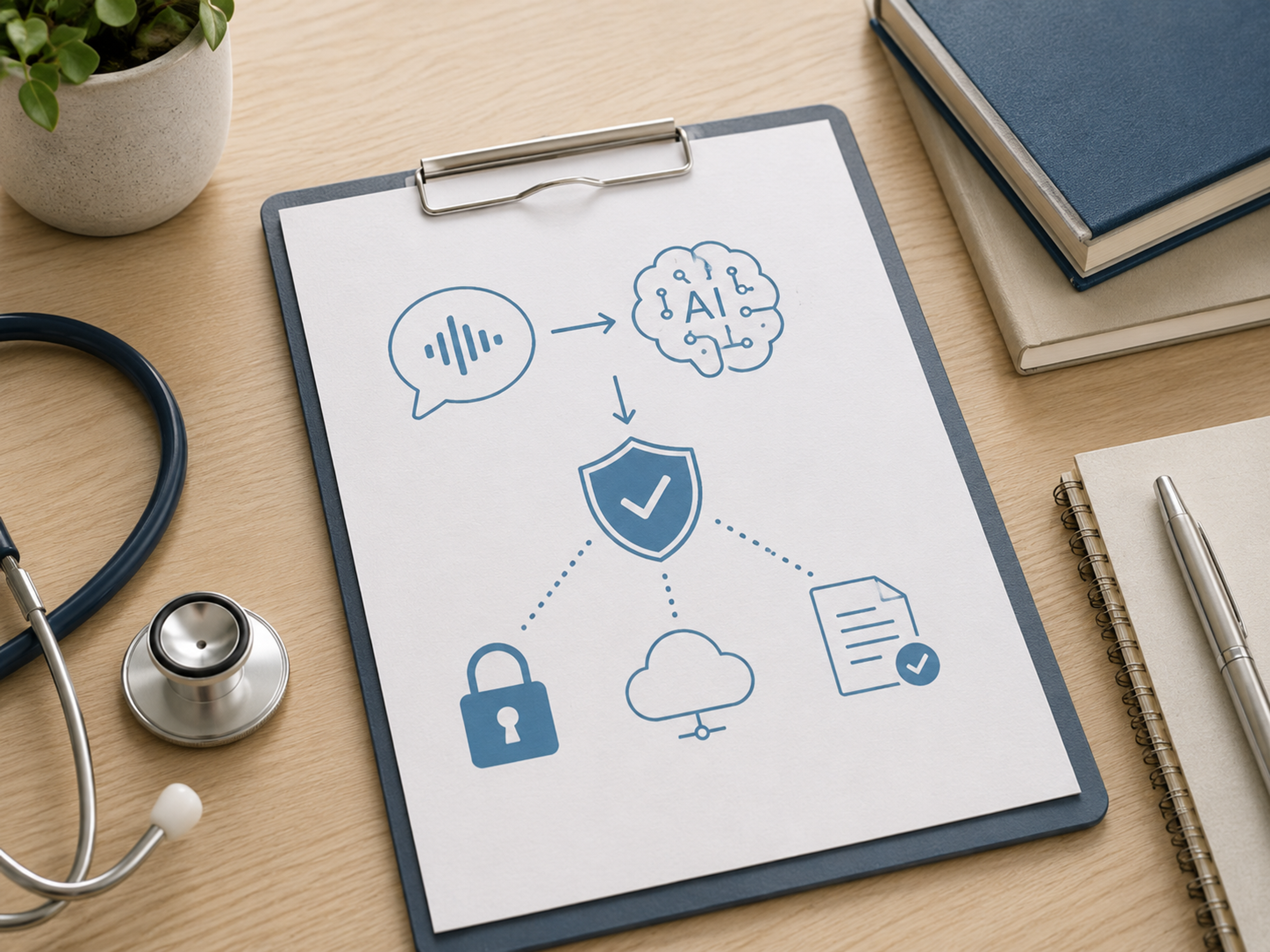 Clinic team reviewing HIPAA safeguards for AI medical interpretation on shared devices and connected systems.