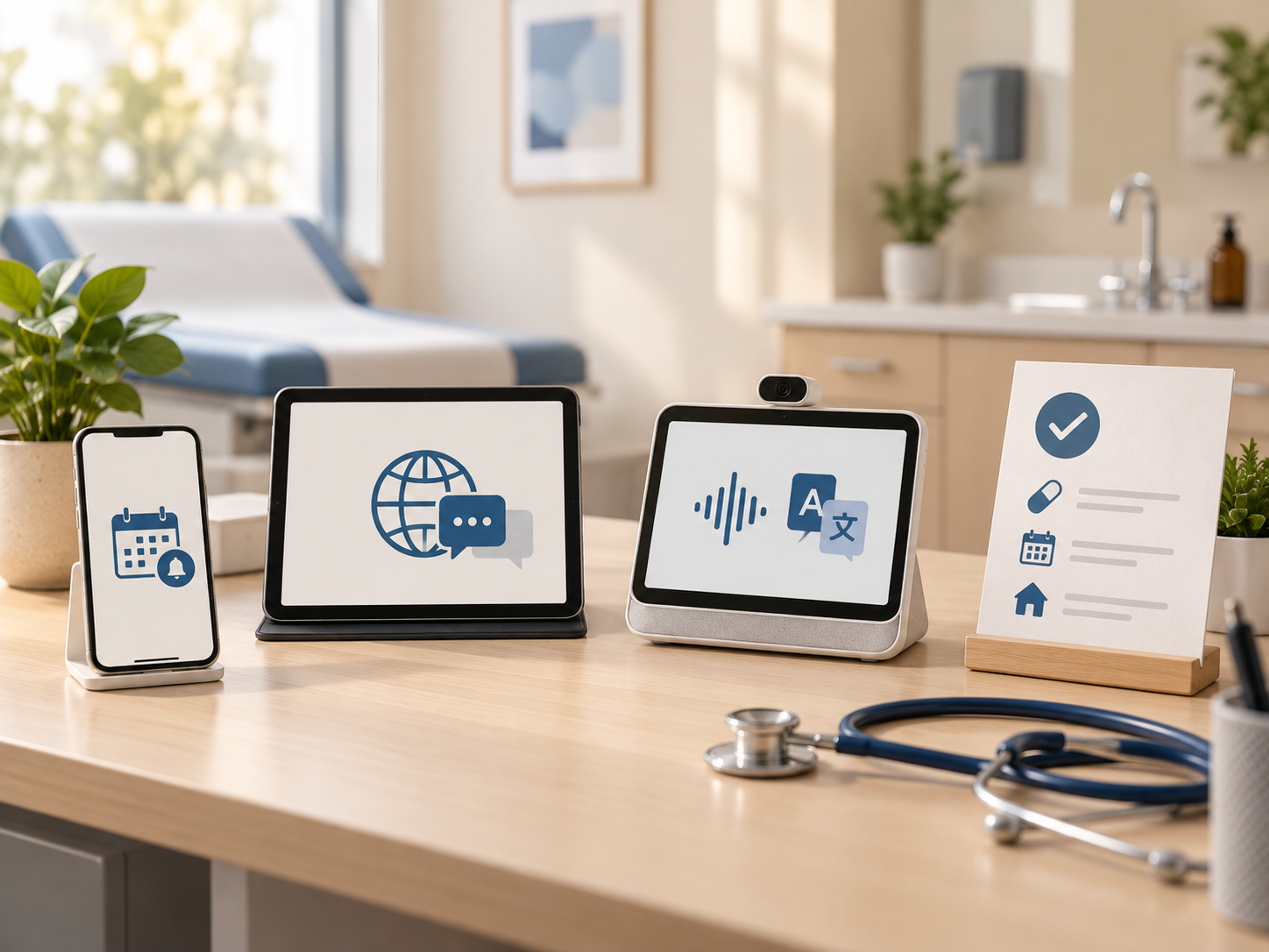 Healthcare workflow connecting multilingual intake, AI medical interpretation, clinical documentation, discharge, and follow-up.