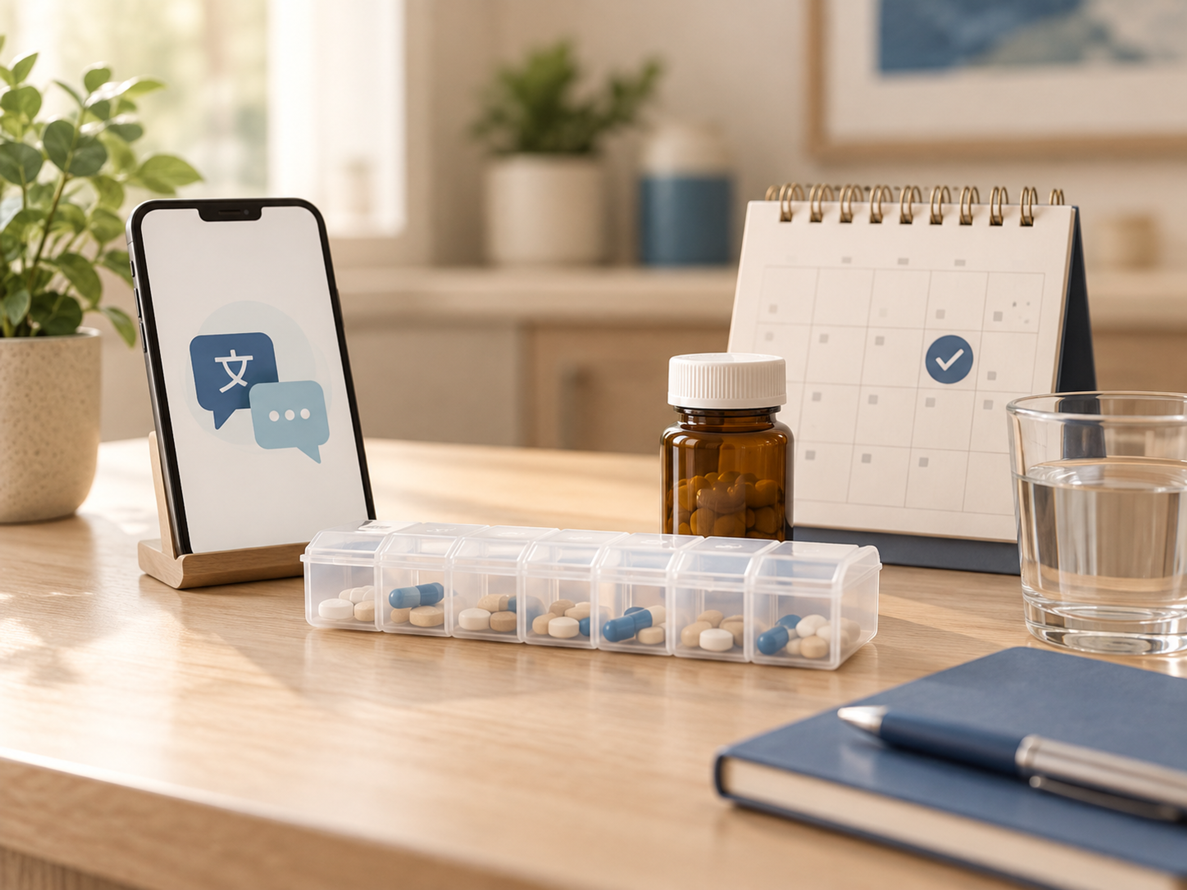 Post-visit language access workflow connecting discharge instructions, medication adherence, patient portals, referrals, and follow-up calls.