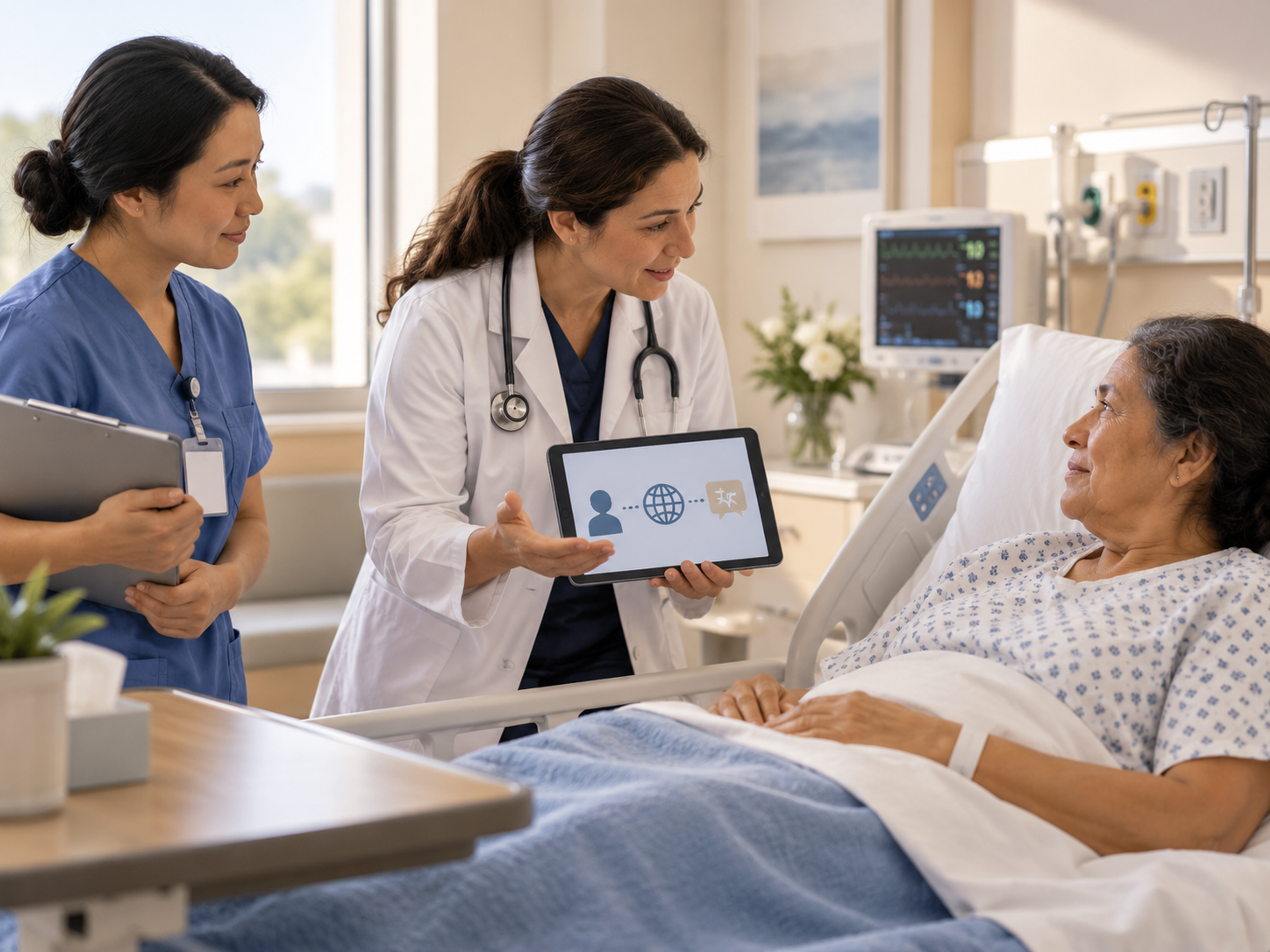 Inpatient rounding workflow showing language access before the bedside presentation, during patient questions, plan changes, and discharge planning.