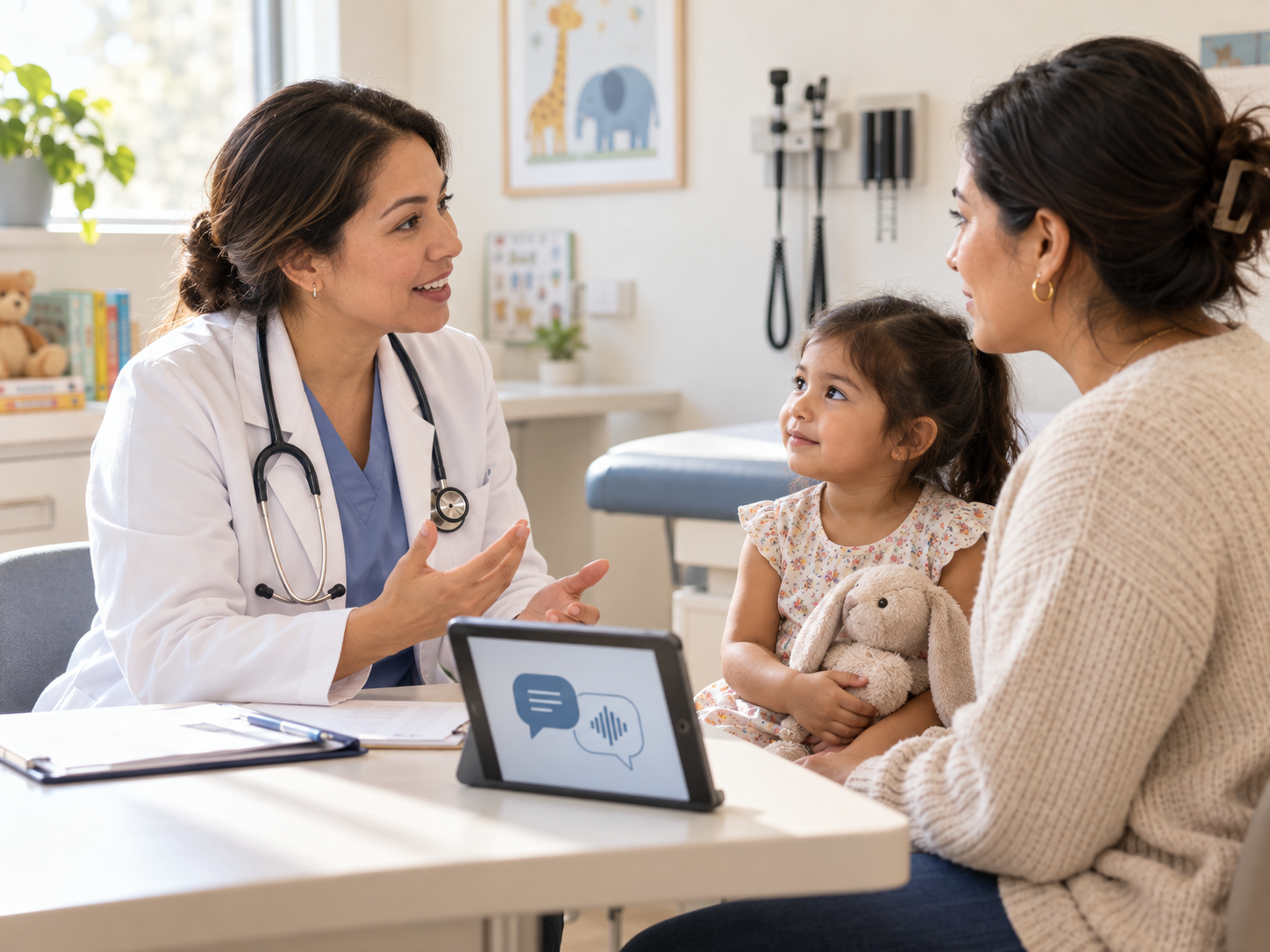 Pediatric well-child visit with language support for a family and clinician
