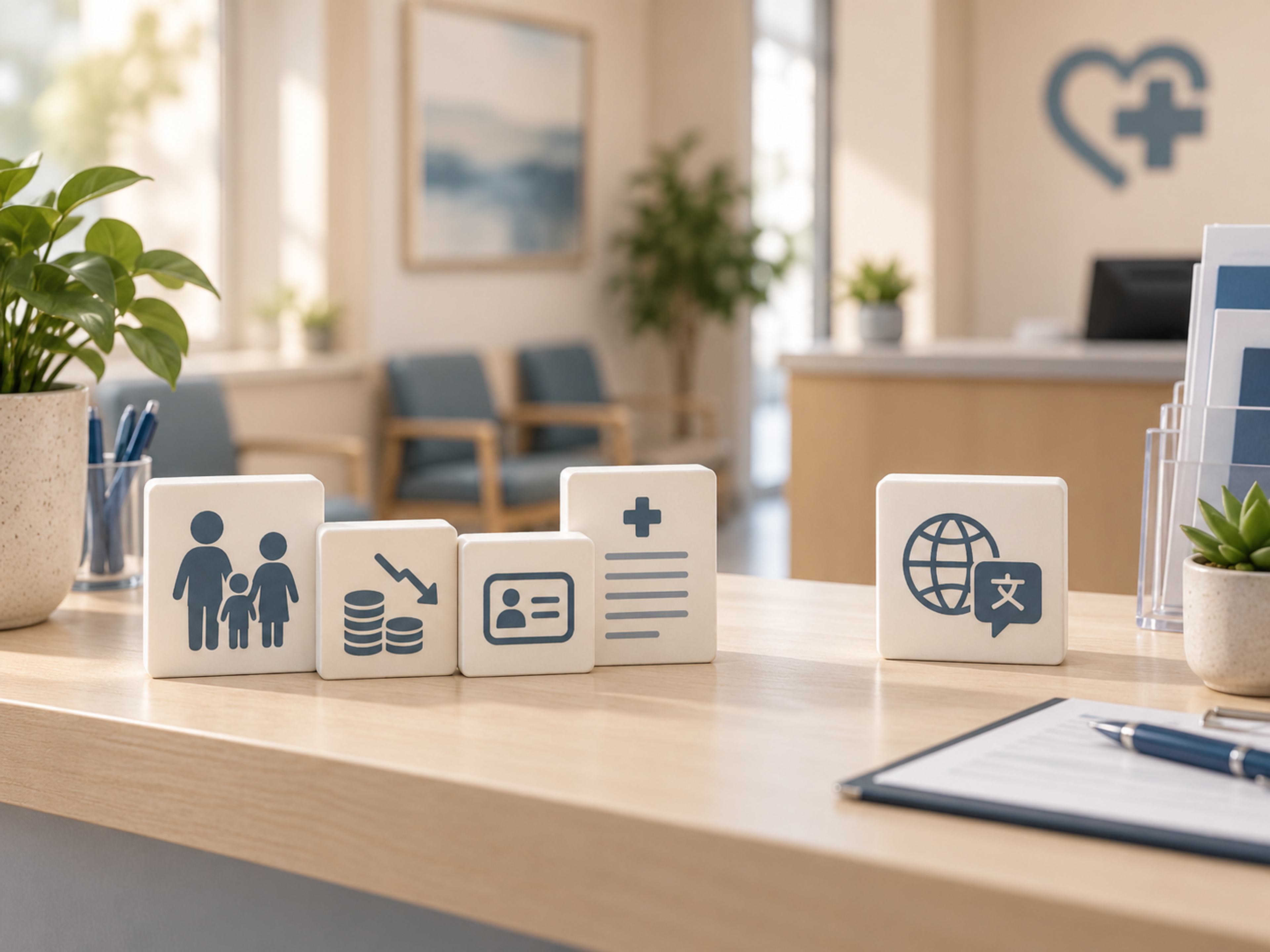 FQHC sliding fee enrollment workflow showing language support across screening, income review, documents, fee explanation, and recertification.