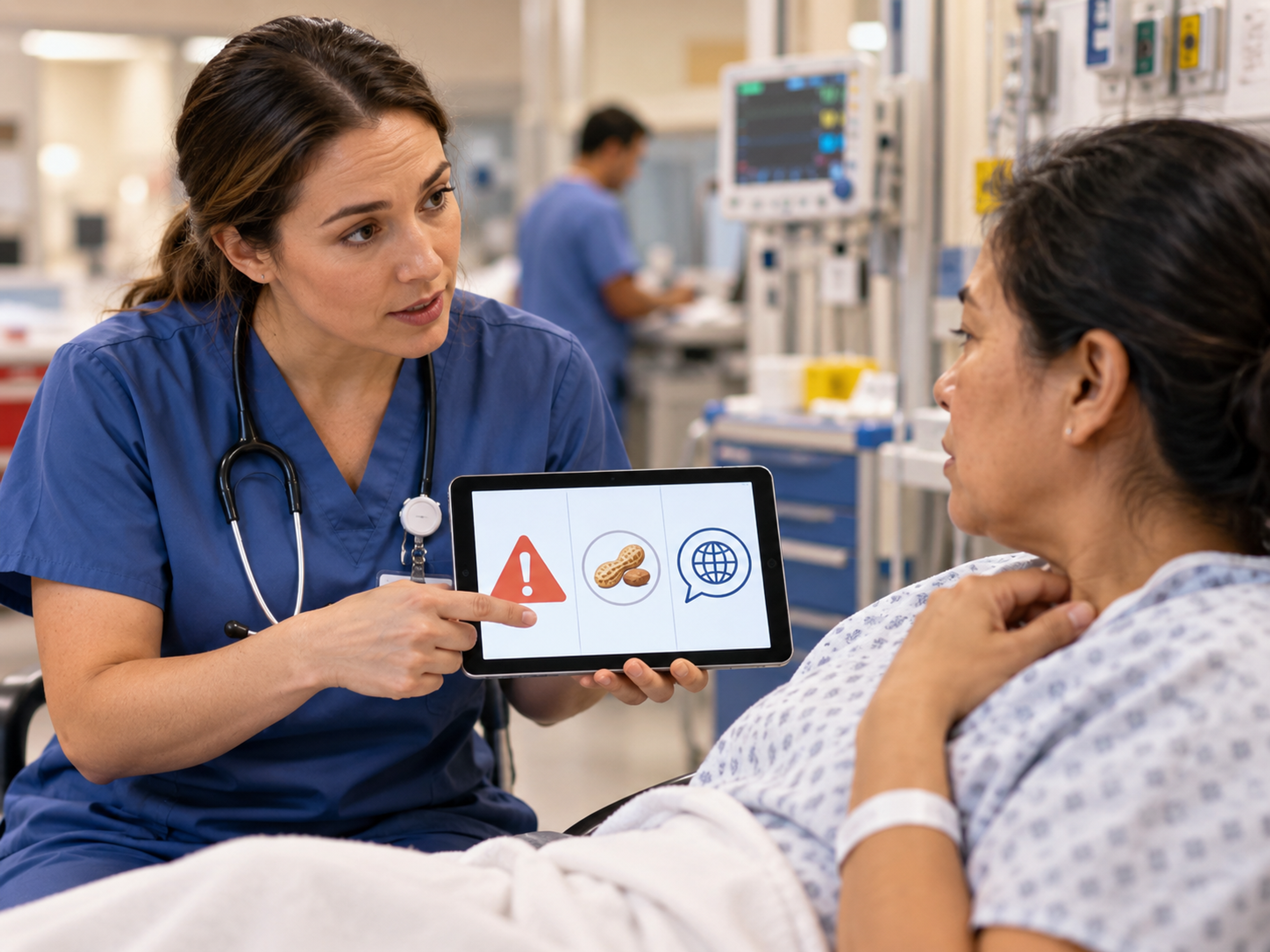 Emergency department allergy-history workflow for patients with limited English proficiency covering substance, reaction, severity, timing, uncertainty, EHR entry, and medication safety.