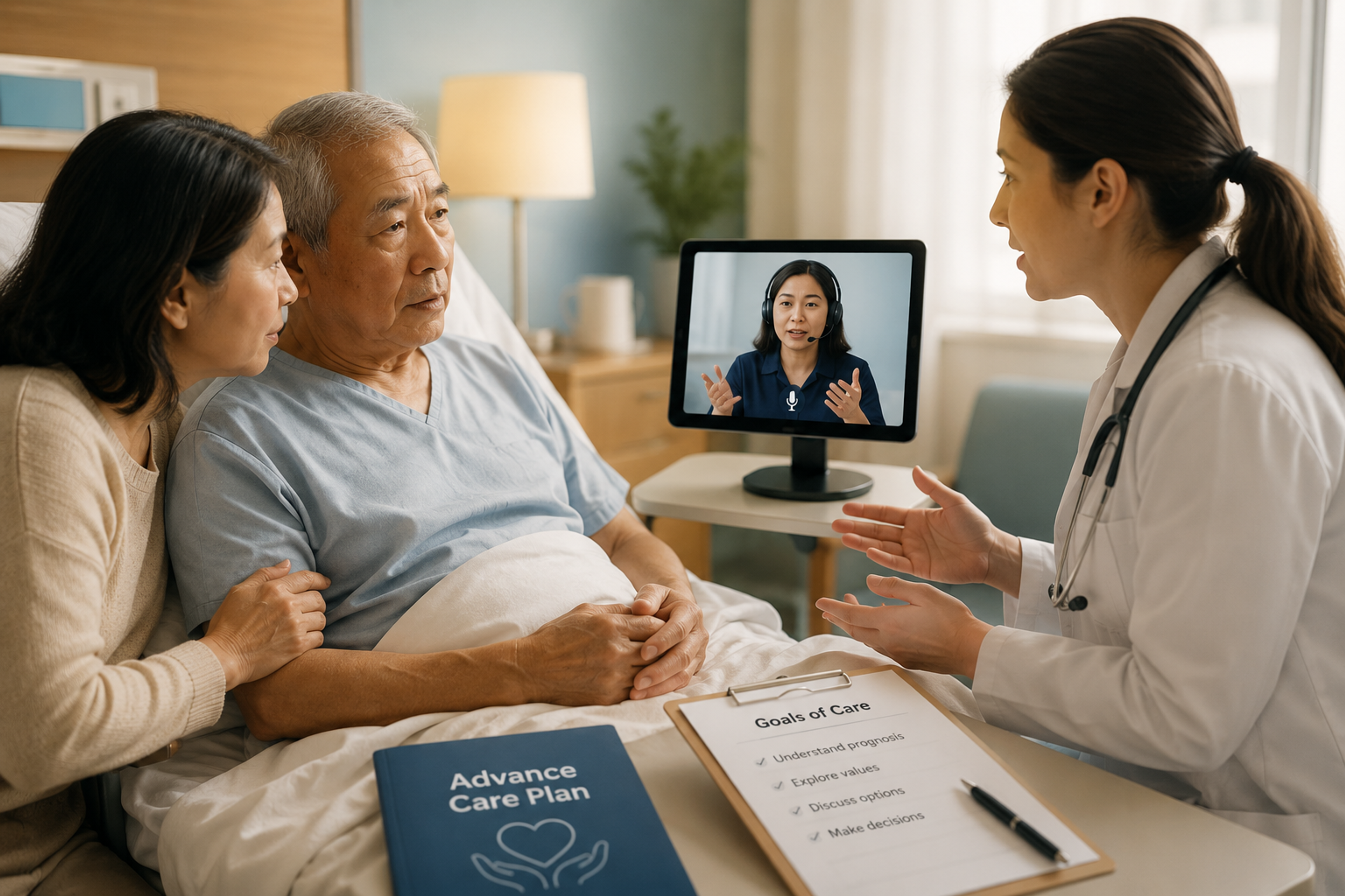 Palliative care language-access workflow covering symptom assessment, prognosis, goals of care, hospice, family communication, and follow-up.