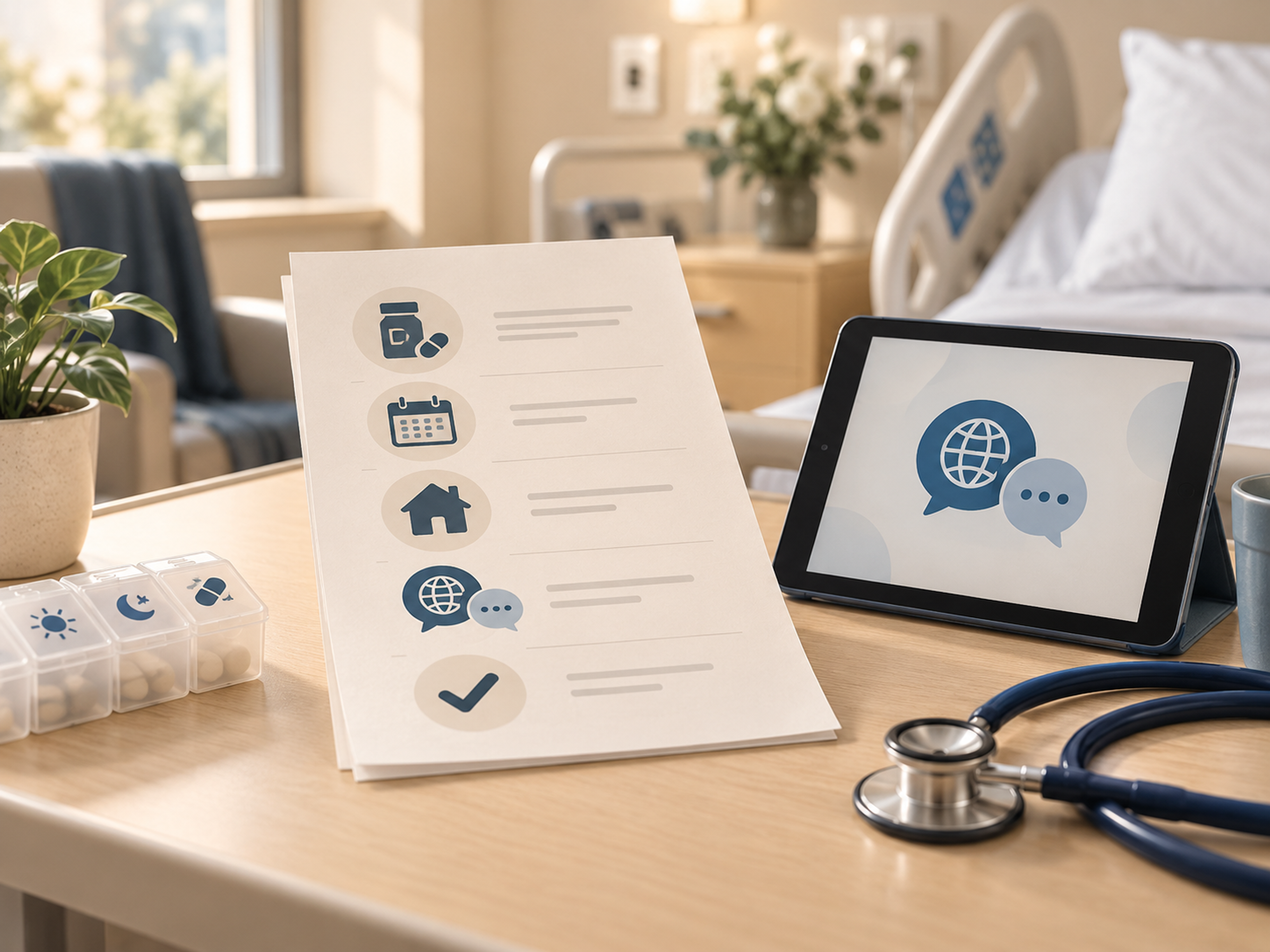 Clinician reviewing multilingual discharge instructions with a patient
