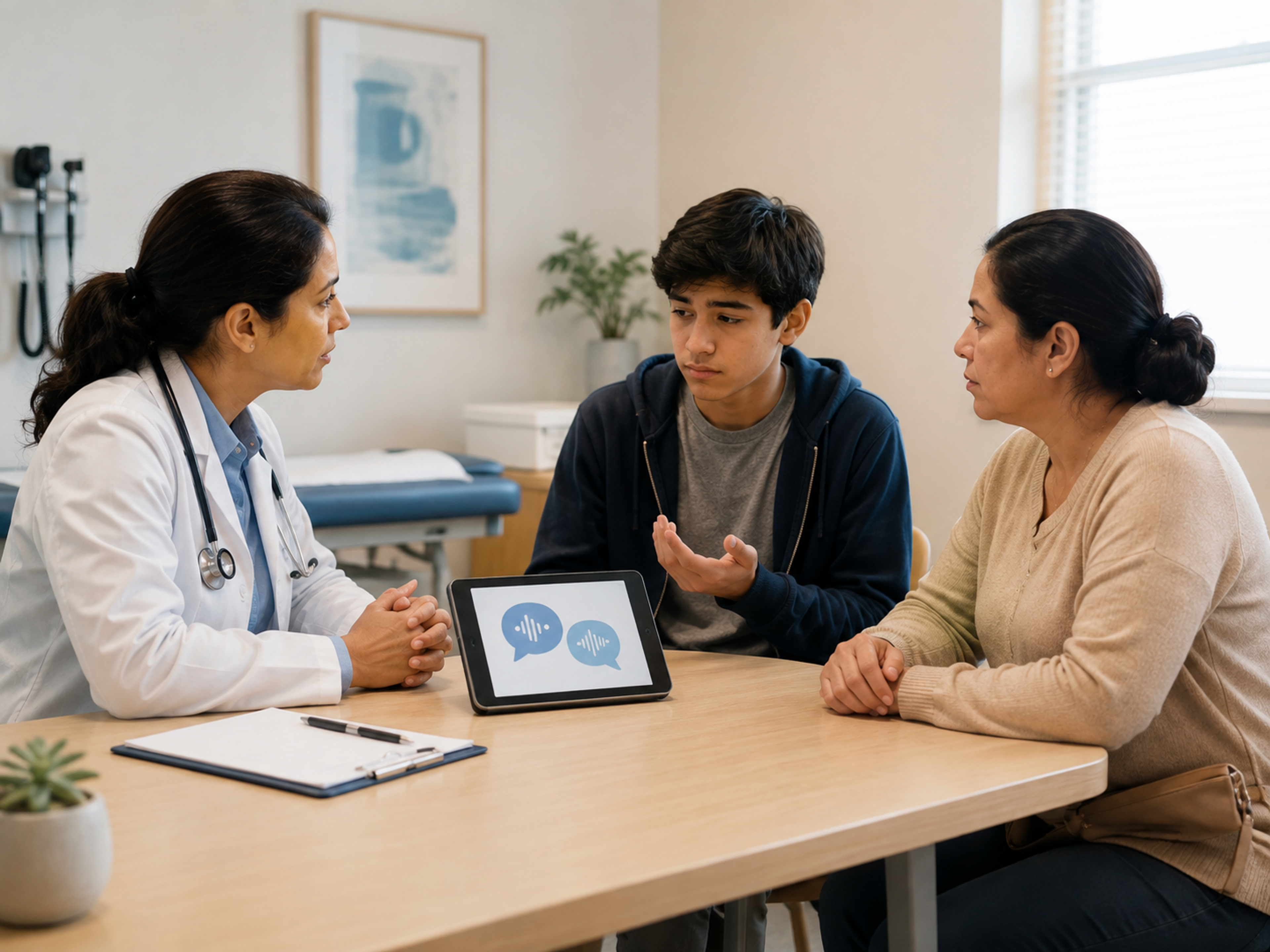 Healthcare language-access workflow showing the risks of child interpreters and the transition to professional medical interpretation.