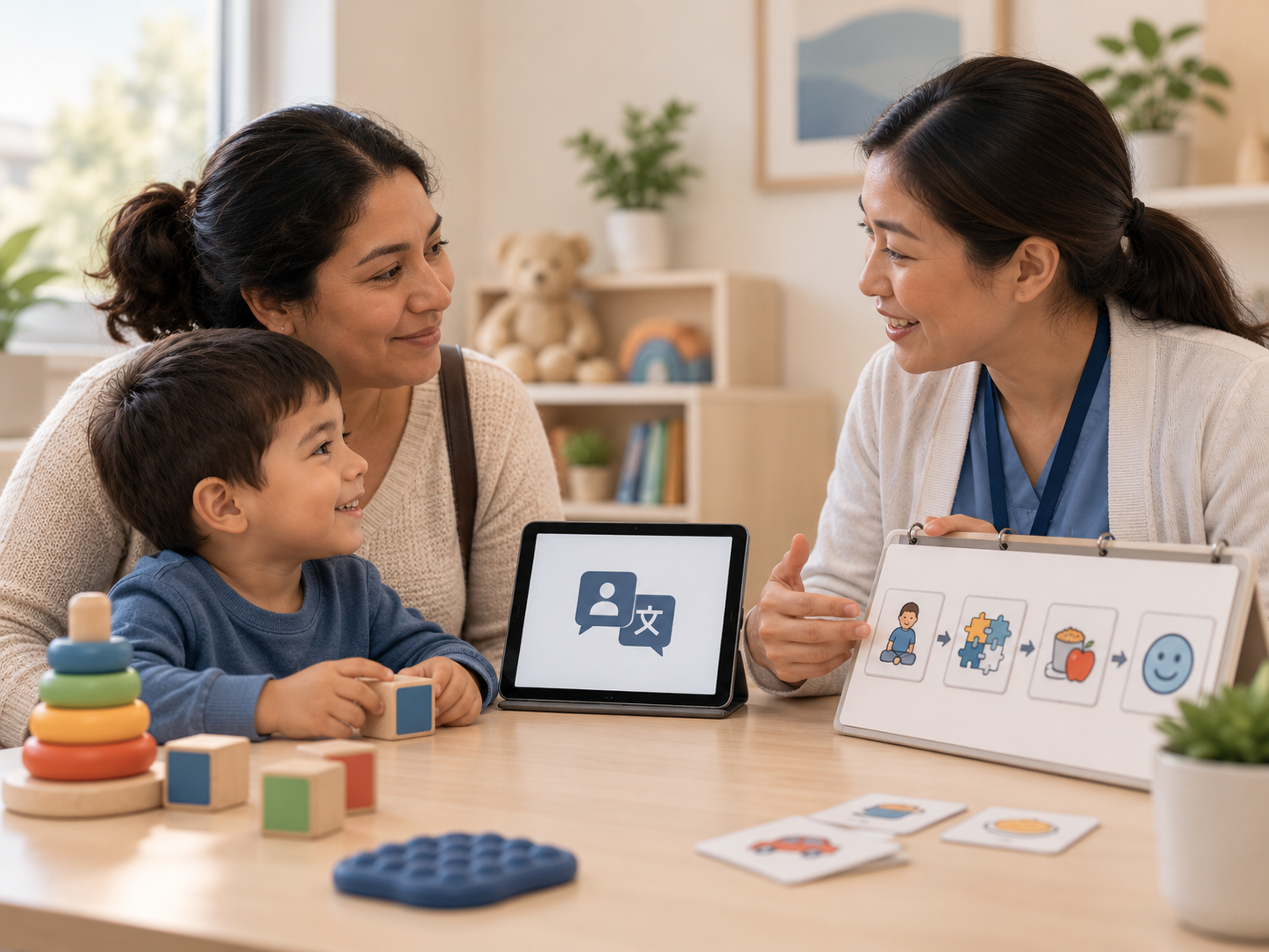 Autism language-access care journey for families with limited English proficiency covering screening, diagnosis, caregiver training, school coordination, treatment, and follow-up.
