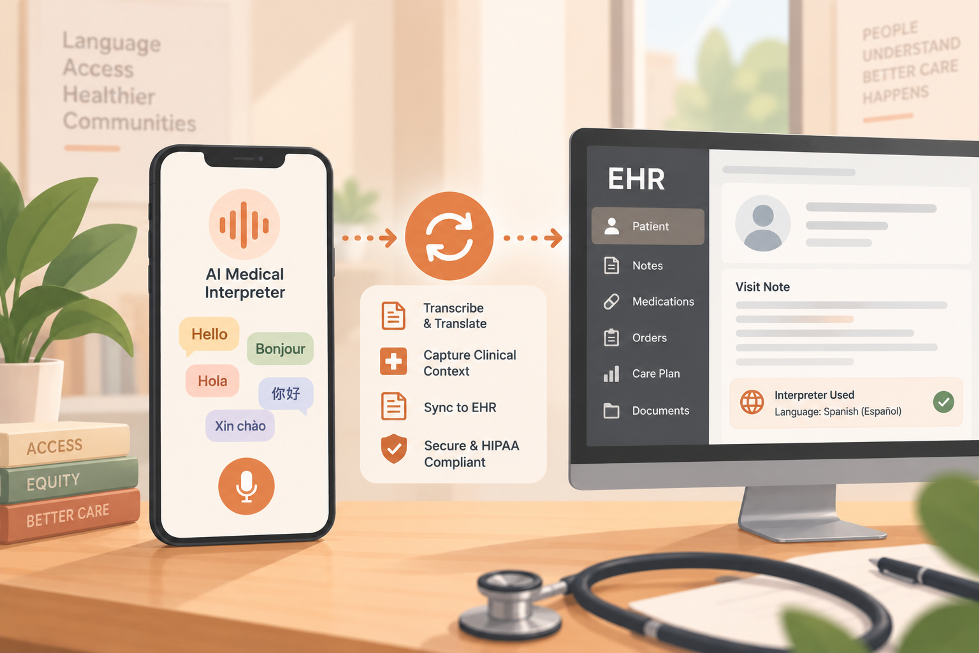 Clinician launching an AI medical interpreter from an electronic health record