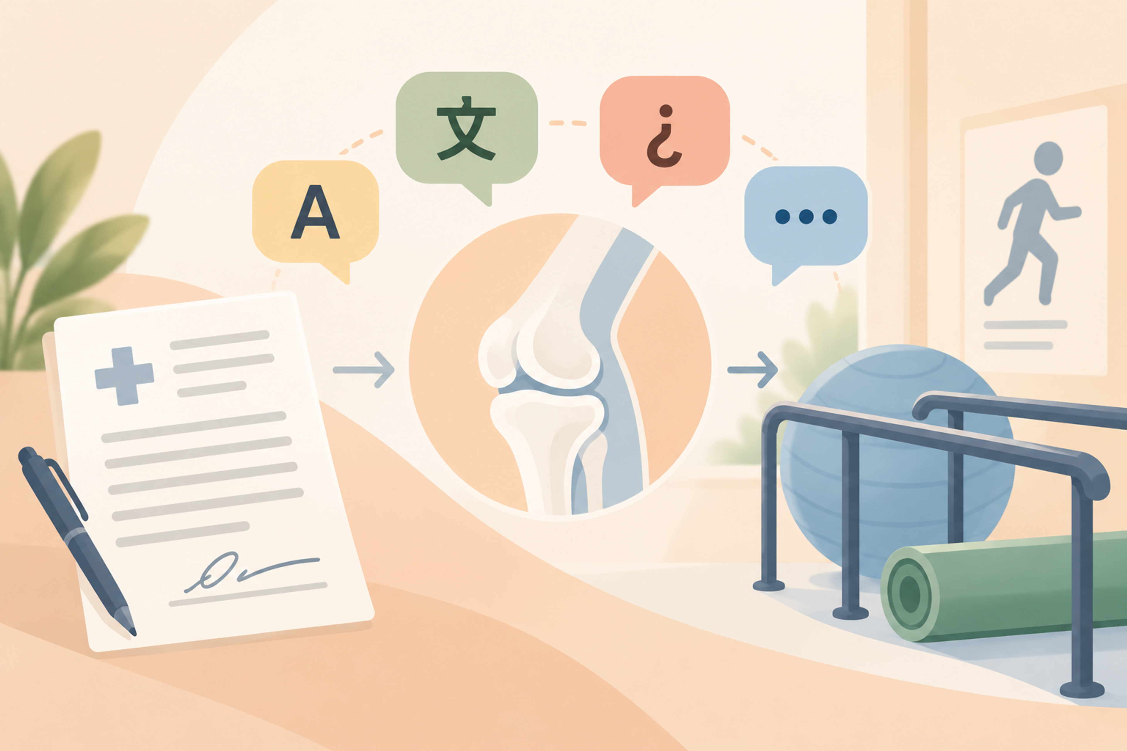 Orthopedic clinician reviewing a rehabilitation plan with a patient using language support