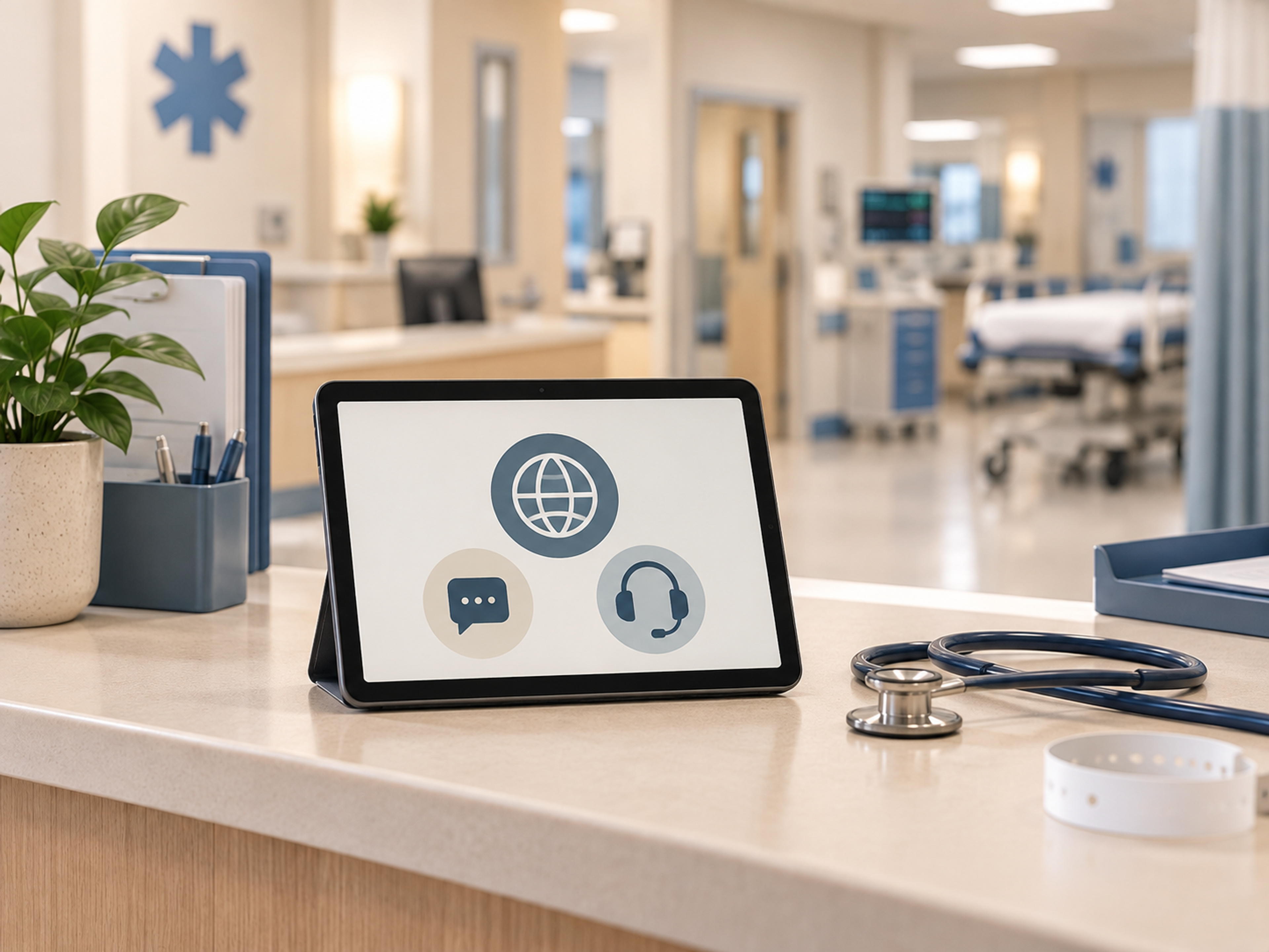 Emergency department triage workflow showing preferred-language identification, interpreter need, rapid interpretation, clinical assessment, and handoff.