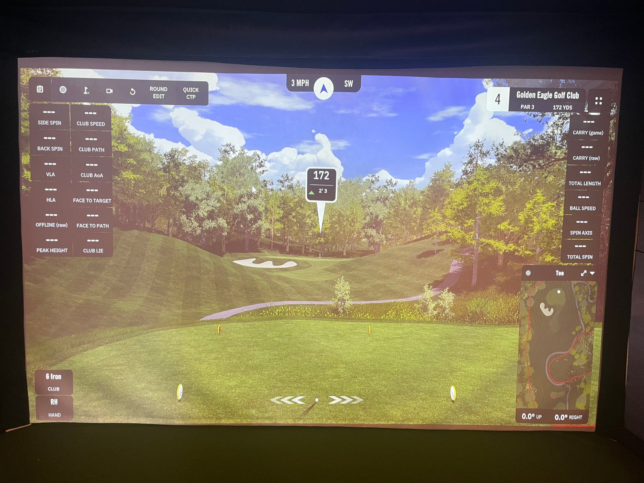 Simulator screen showing a 172-yard par 3 at Golden Eagle Golf Club, with shot data panels and a hole map