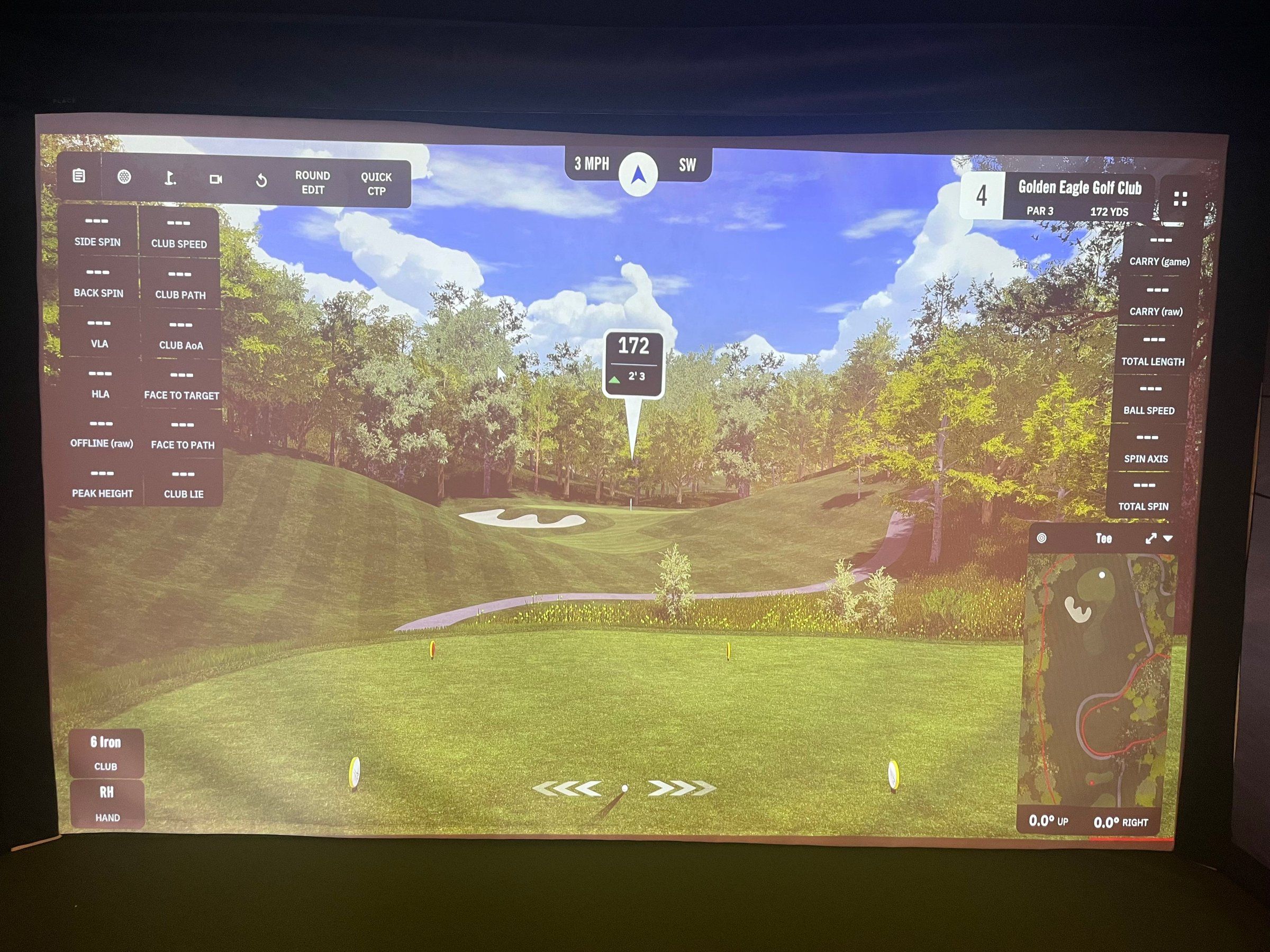 Simulator screen showing a 172-yard par 3 at Golden Eagle Golf Club, with shot data panels and a hole map