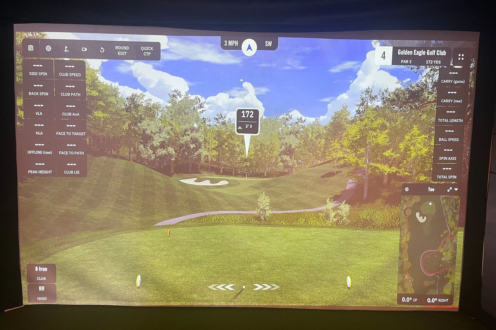 Simulator screen showing a 172-yard par 3 at Golden Eagle Golf Club, with shot data panels and a hole map