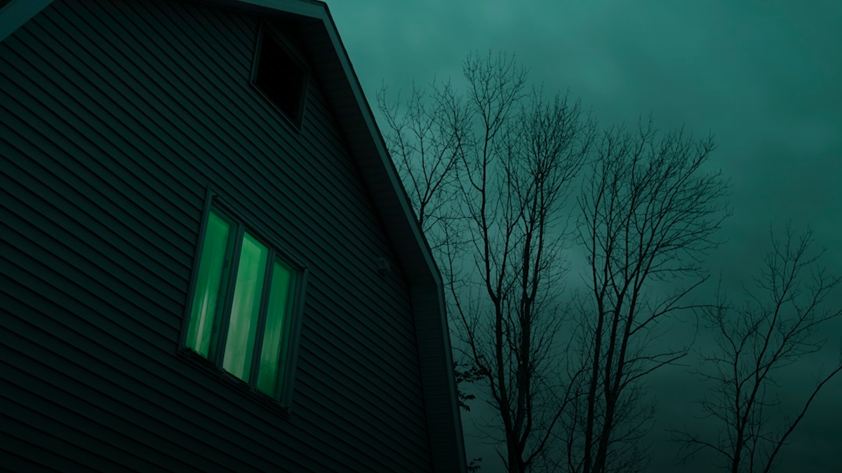 a black house with a green light in the window