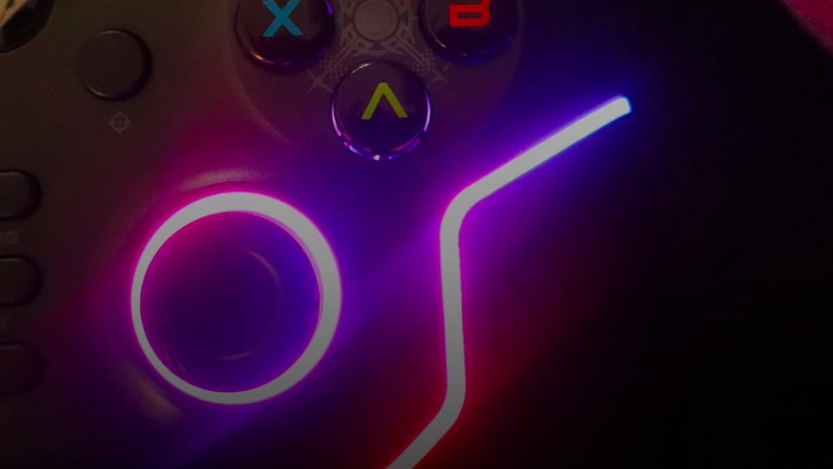 Close-up of a glowing video game controller