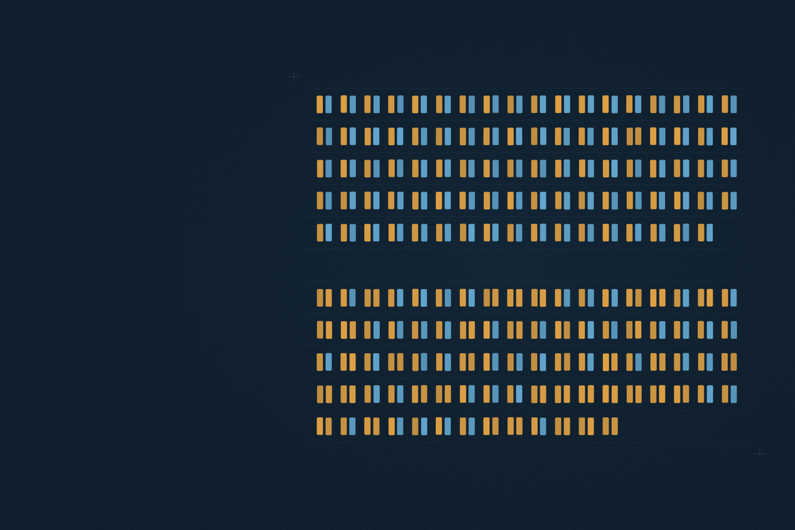 Pairs of bars, one per Arabic question about a Gulf business: amber for the question, blue where the AI searched only in English. ChatGPT's band is almost all blue; Claude's is mixed.