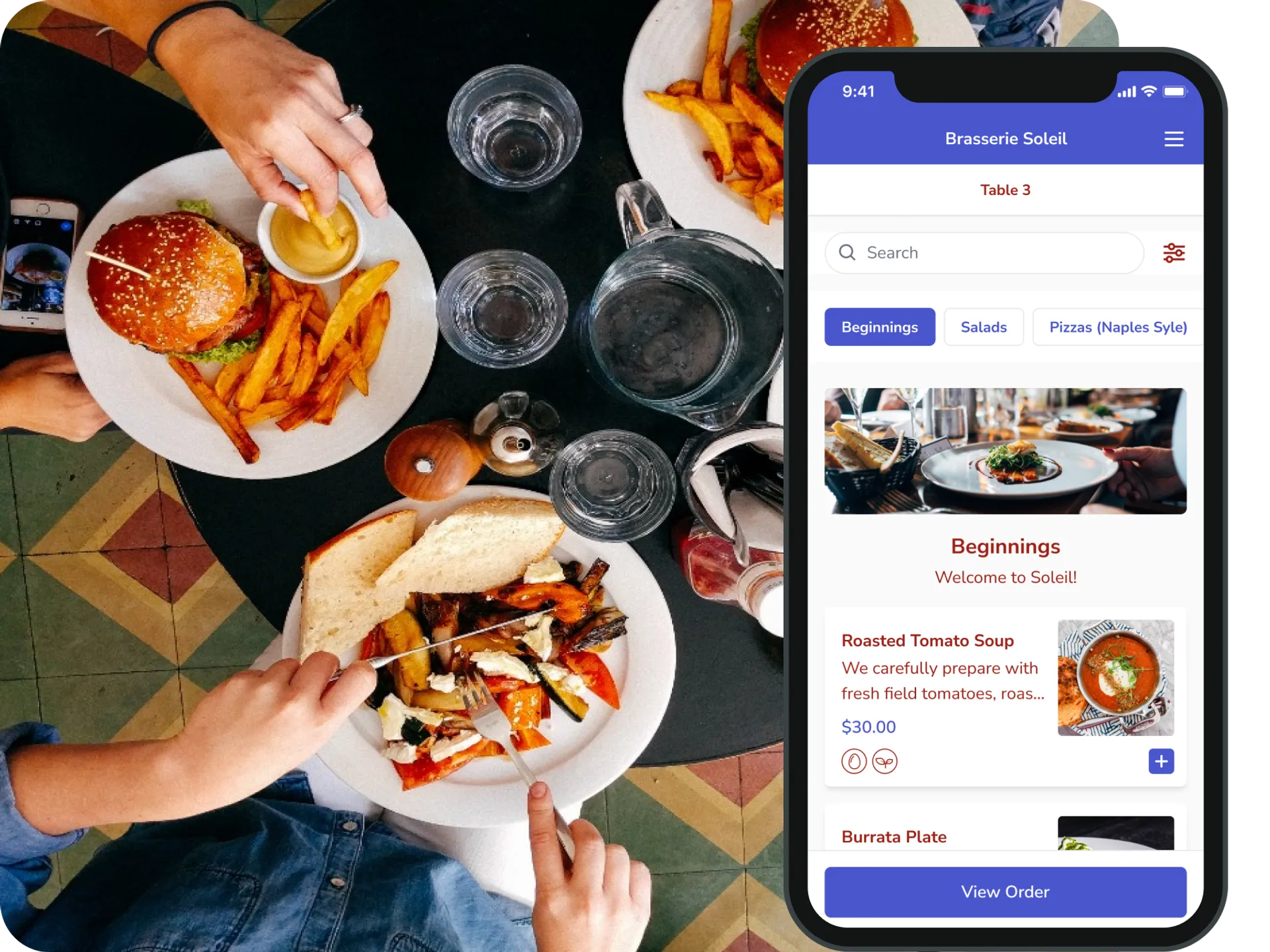 Casual dining menu screen.