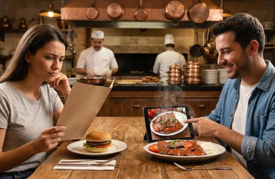 Cliente com o menu em papel à frente e um hambúrguer na mesa, enquanto outro cliente escolhe um prato de kebab numa imagem no tablet