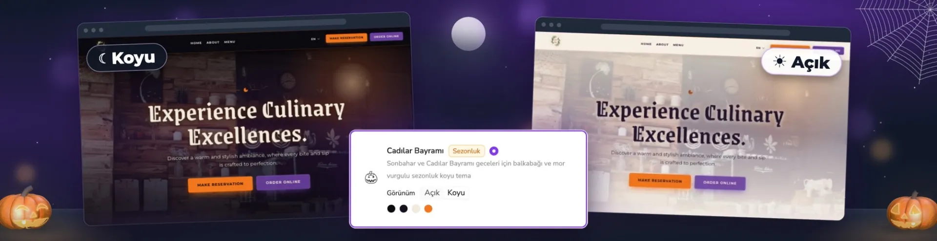 AI Web Sitesi Oluşturucu’da Cadılar Bayramı teması, Koyu ve Açık görünüm