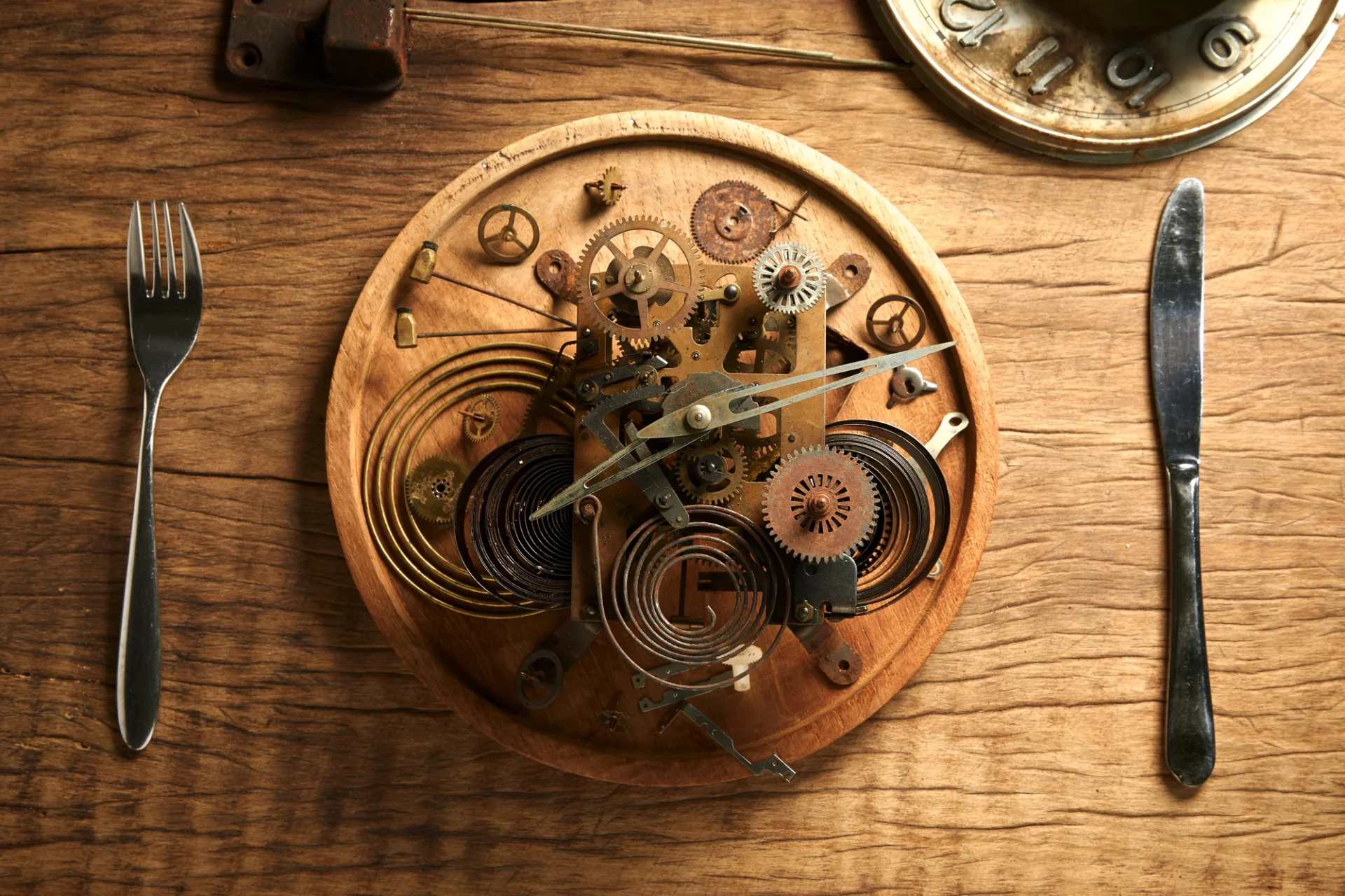 Clock with cutlery and gears. Displays menu engineering.