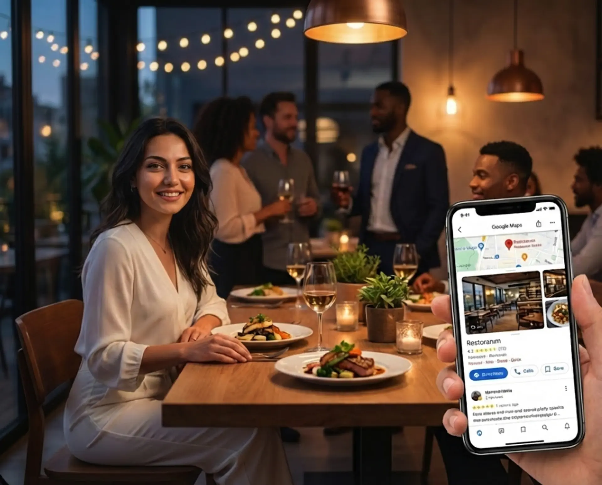 Telefonda restoranın Google Haritalar kaydı ve yorumları; arka planda akşam yemeği yiyen misafirler