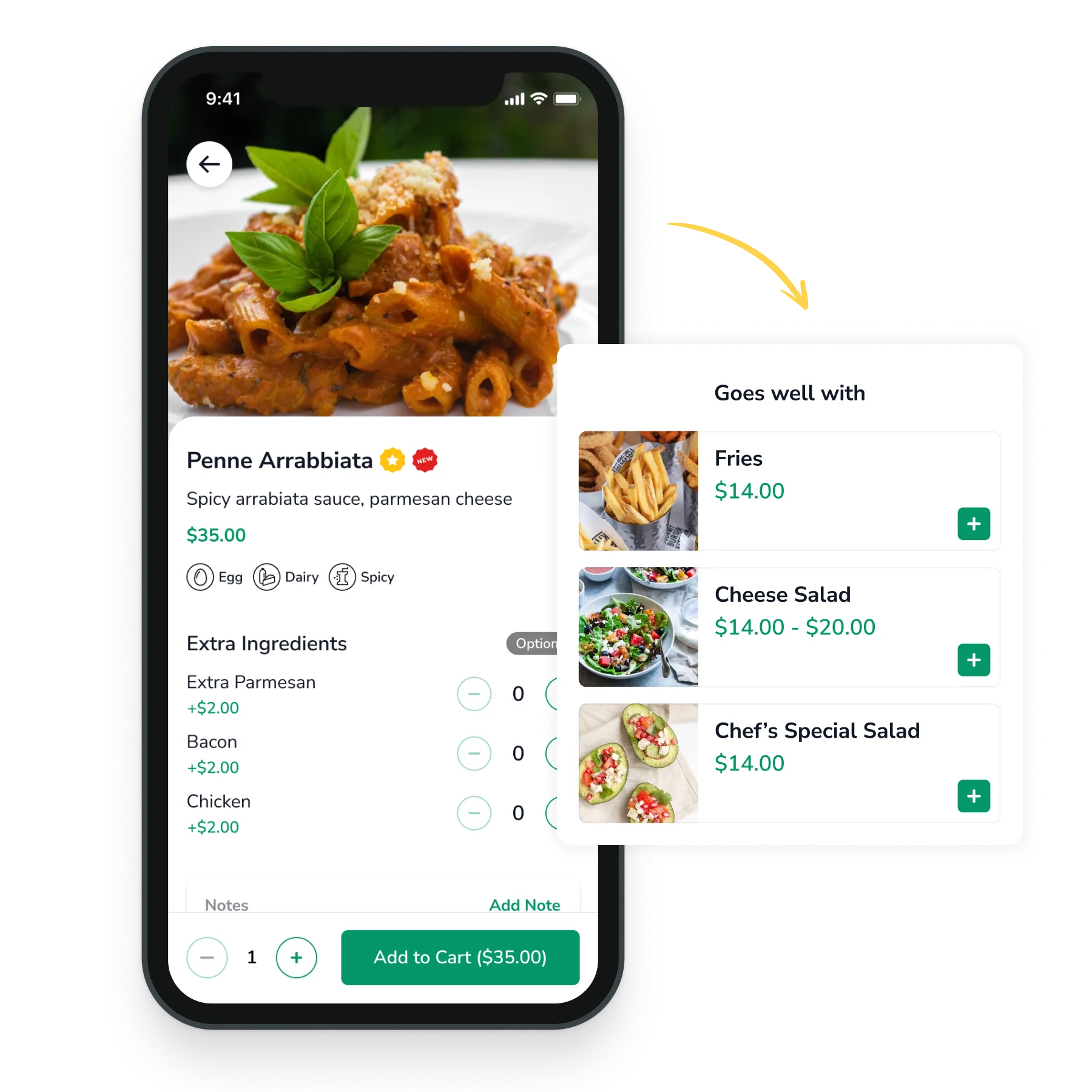 Delivery and Pickup recommended items screen.