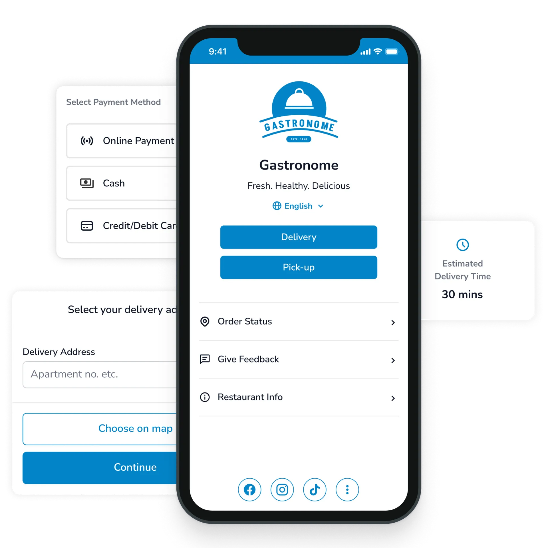 Delivery and Pickup welcome screen menu.